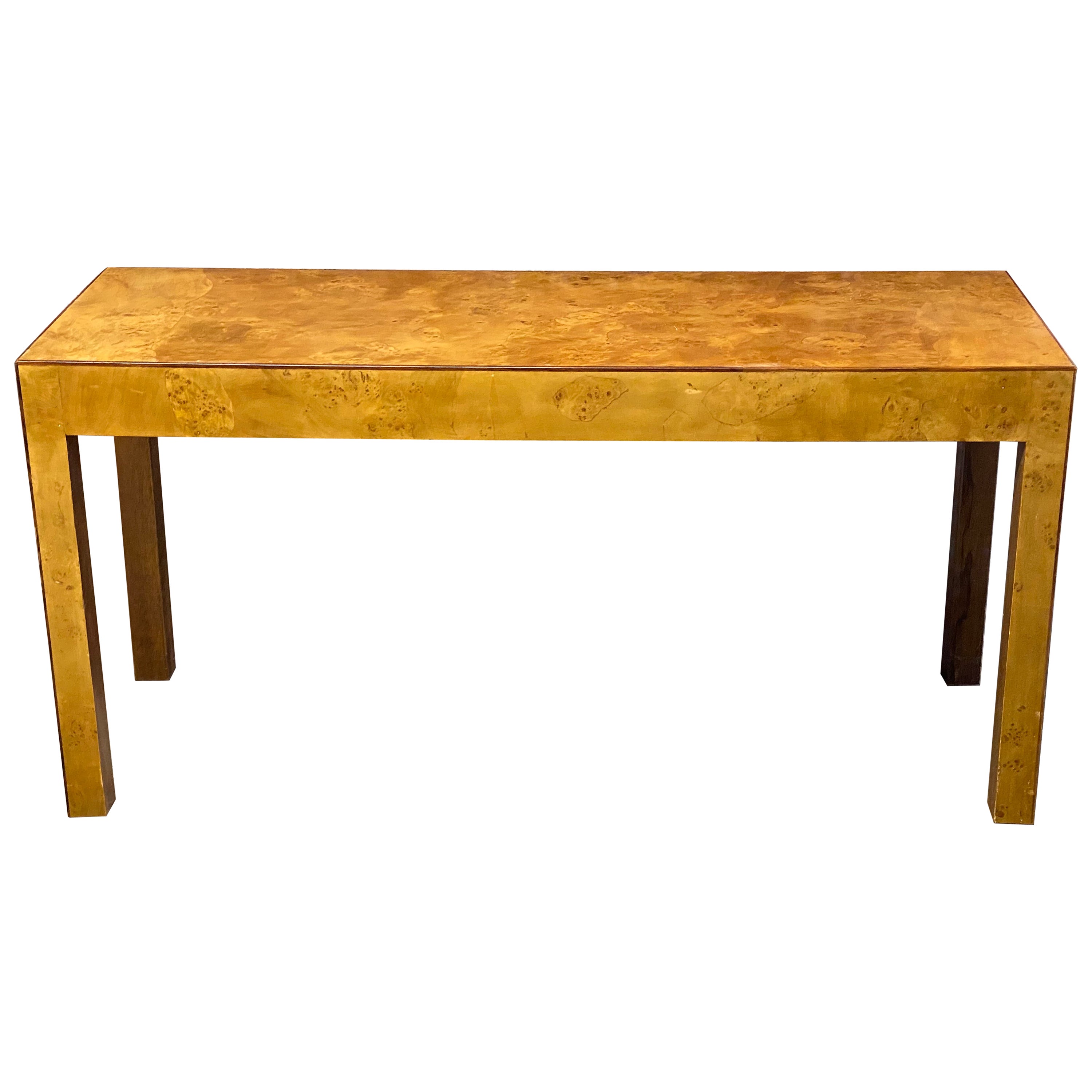 1970s Burlwood Parsons Console Table