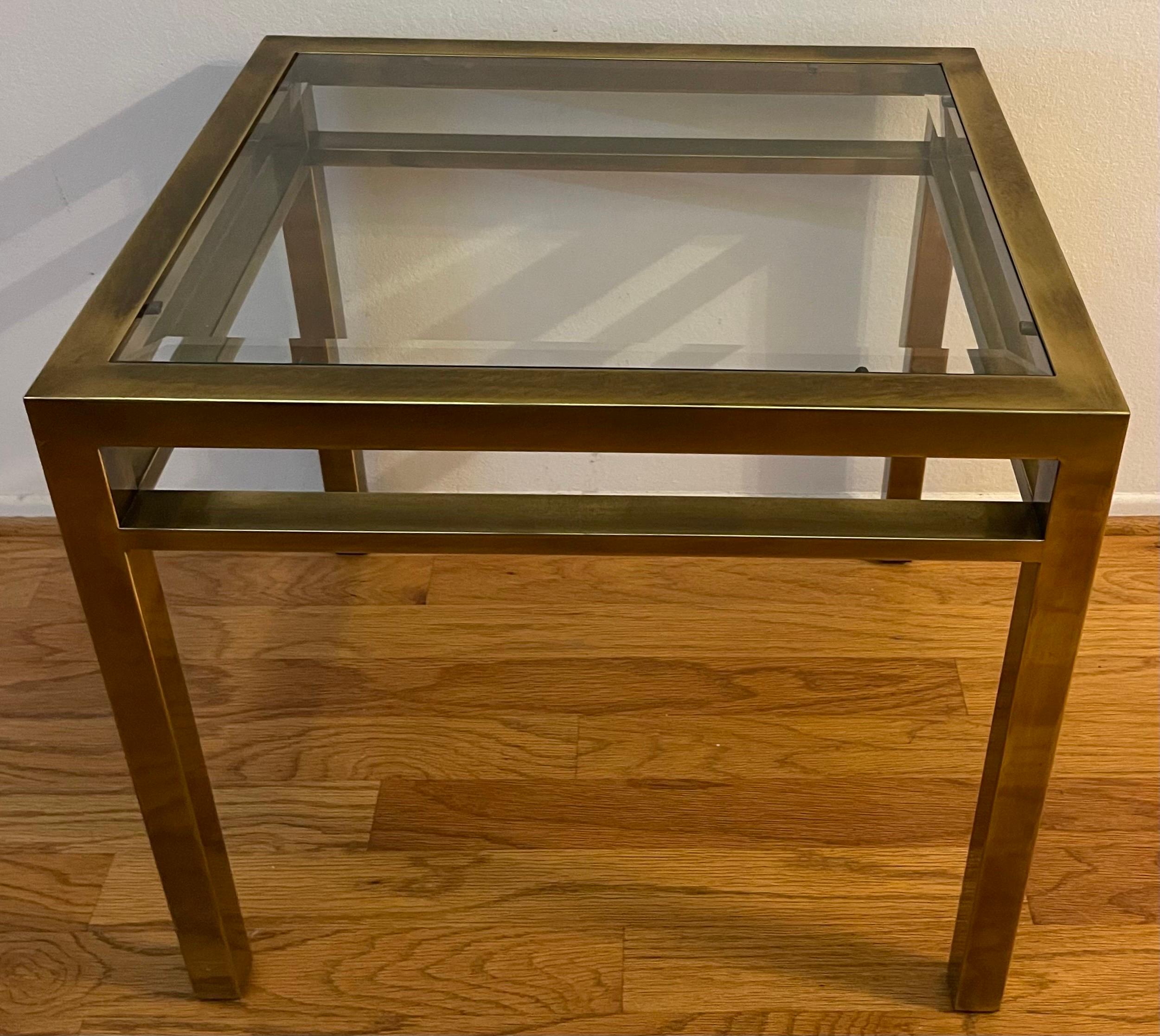 American 1970s Burnished Brass Glass Top Side Table For Sale