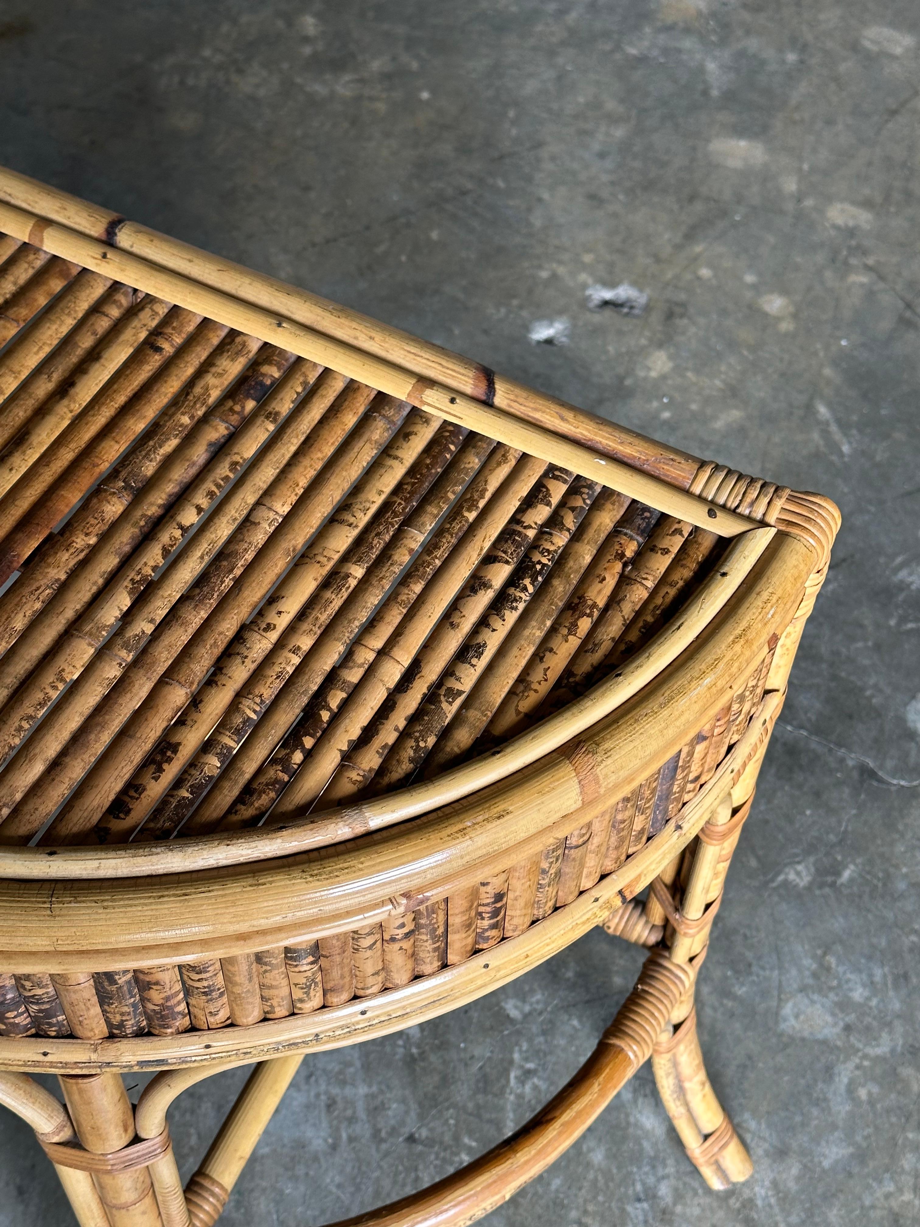1970s Burnt Bamboo and Rattan Demilune Console Table For Sale 4