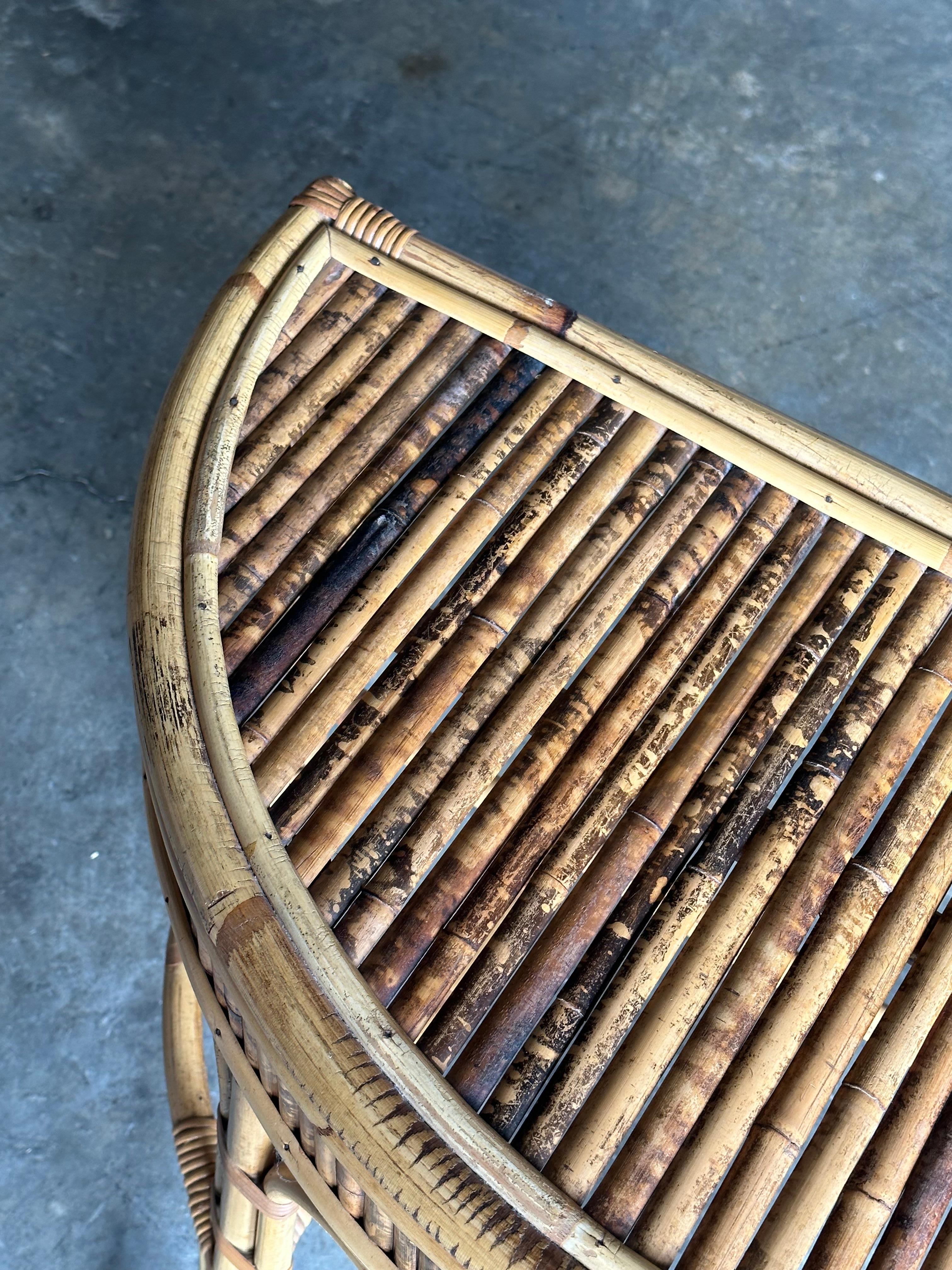 1970s Burnt Bamboo and Rattan Demilune Console Table For Sale 5