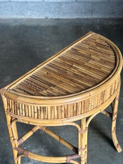 1970s Burnt Bamboo and Rattan Demilune Console Table