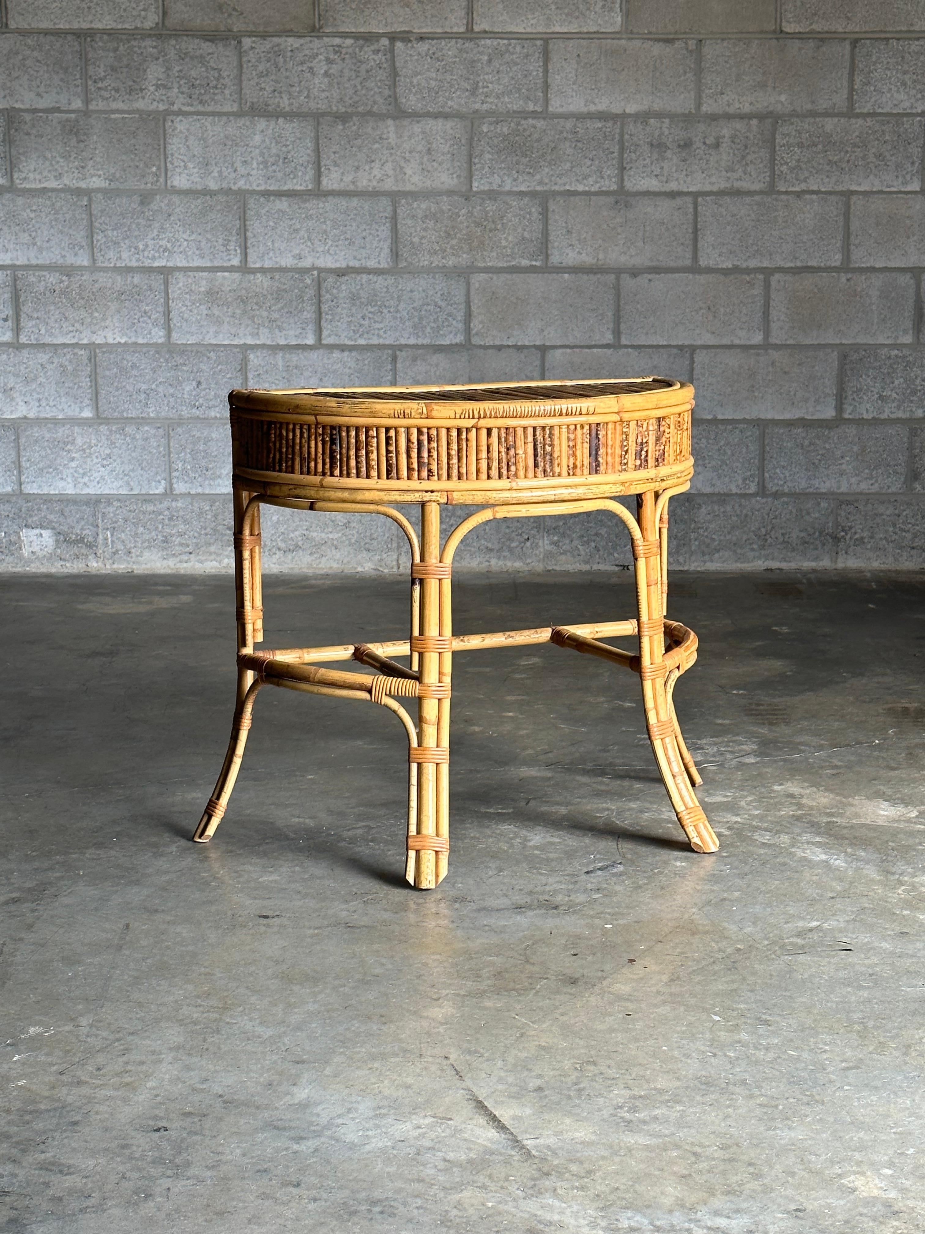 Mid-Century Modern 1970s Burnt Bamboo and Rattan Demilune Console Table For Sale