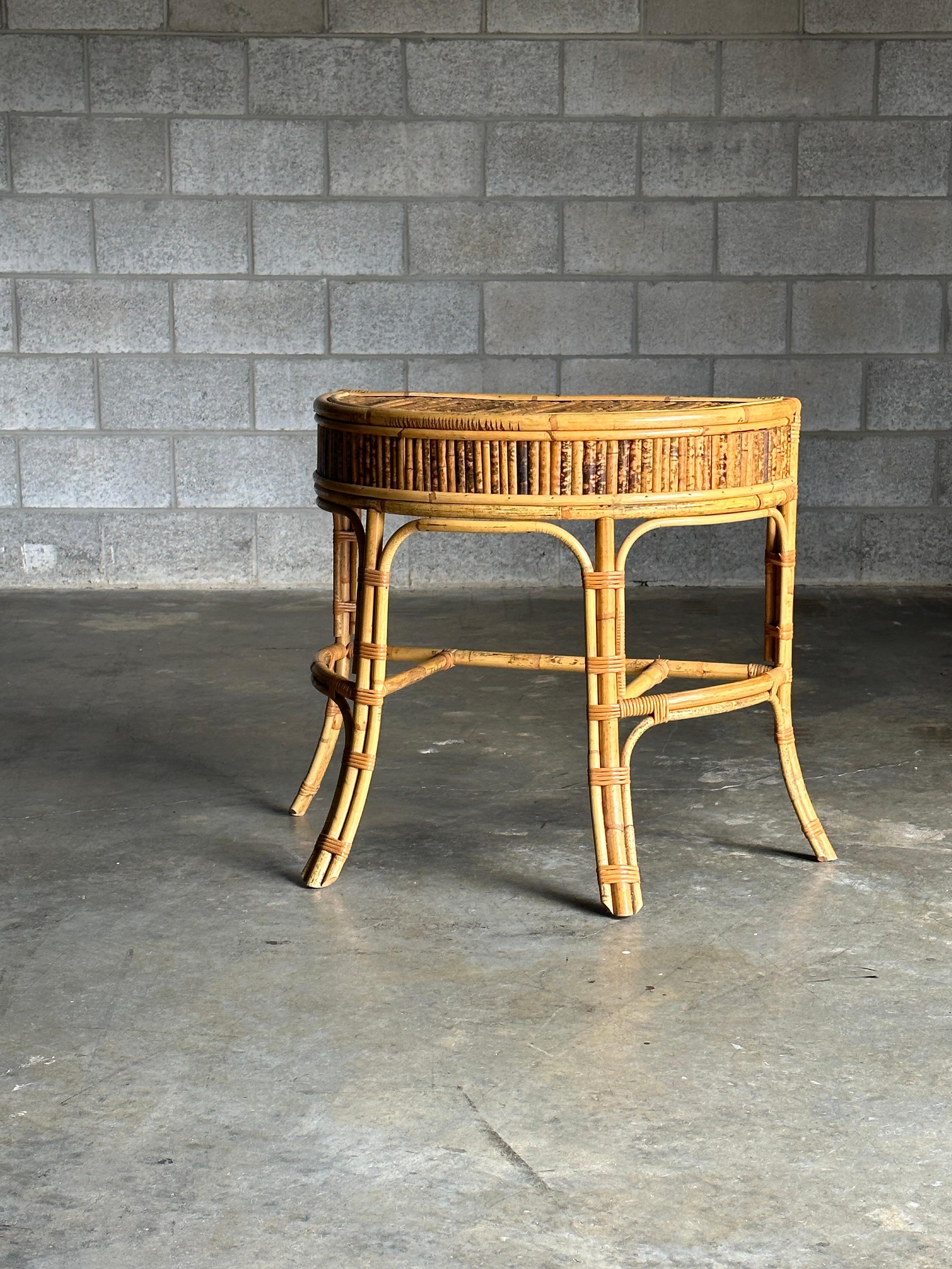 American 1970s Burnt Bamboo and Rattan Demilune Console Table For Sale