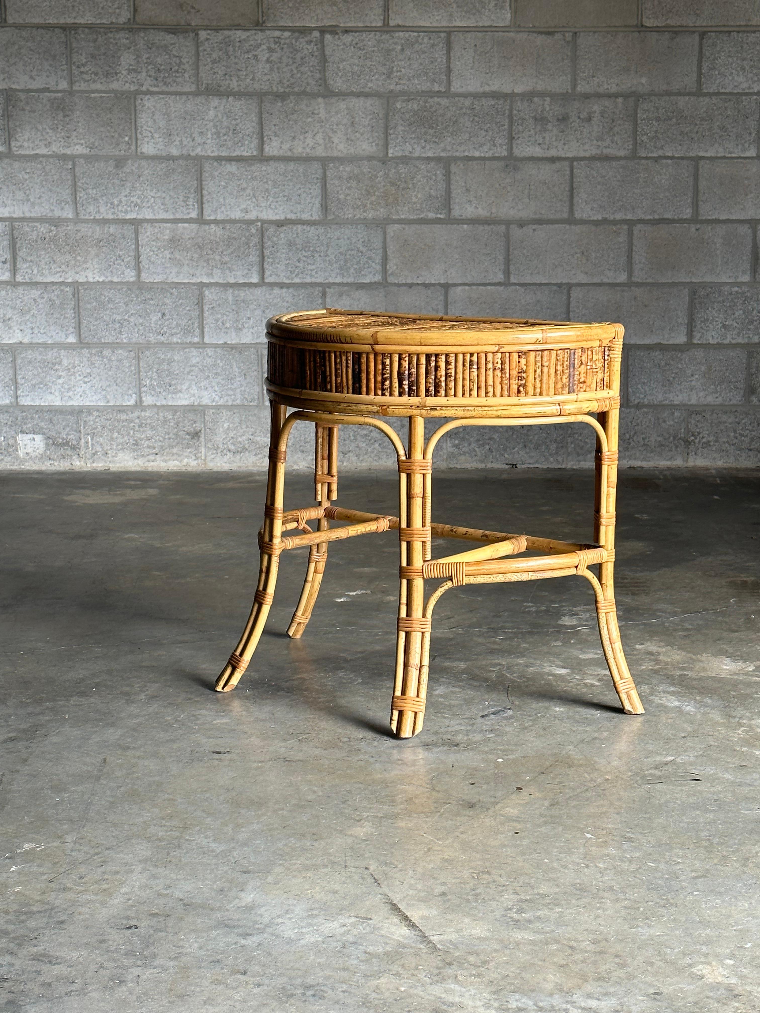 1970s Burnt Bamboo and Rattan Demilune Console Table In Good Condition For Sale In St.Petersburg, FL