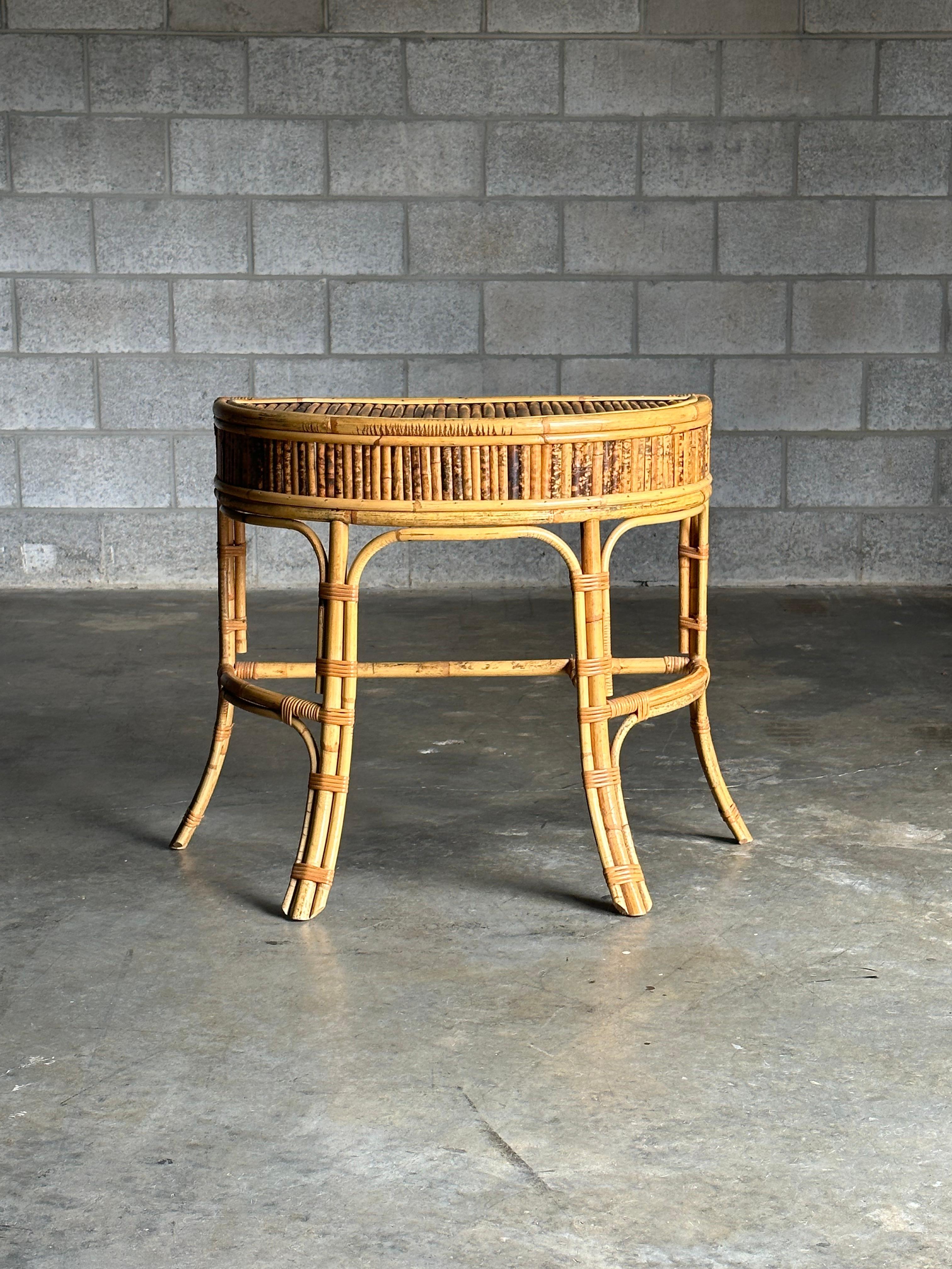 1970s Burnt Bamboo and Rattan Demilune Console Table For Sale 1