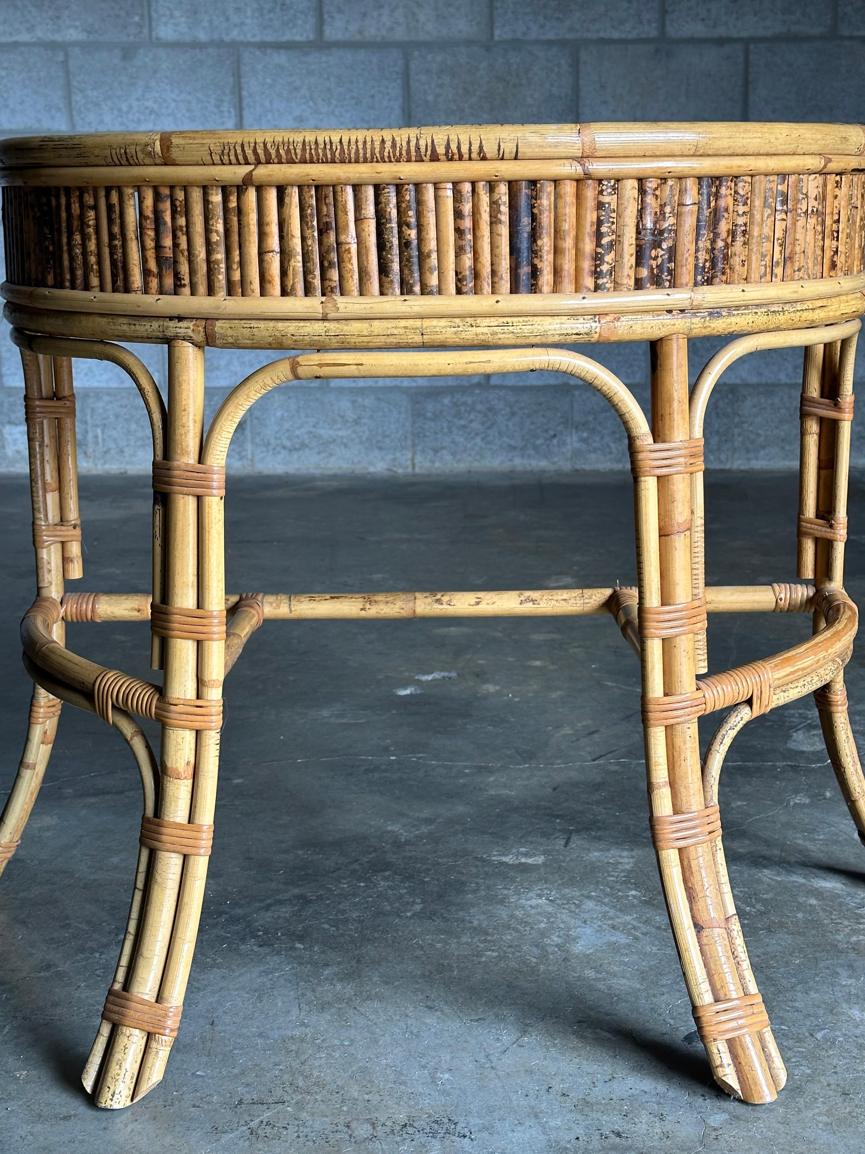 1970s Burnt Bamboo and Rattan Demilune Console Table For Sale 2