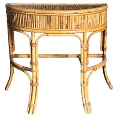1970s Burnt Bamboo and Rattan Demilune Console Table
