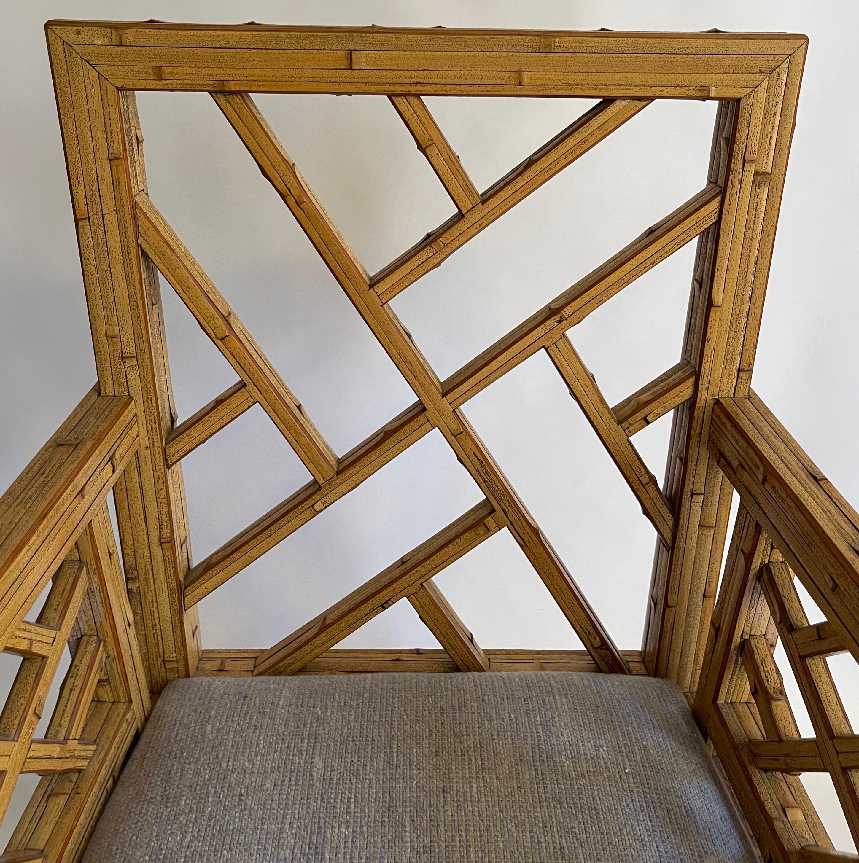 1970s Burnt Bamboo Tessellated Chinese Chippendale Armchair For Sale 8