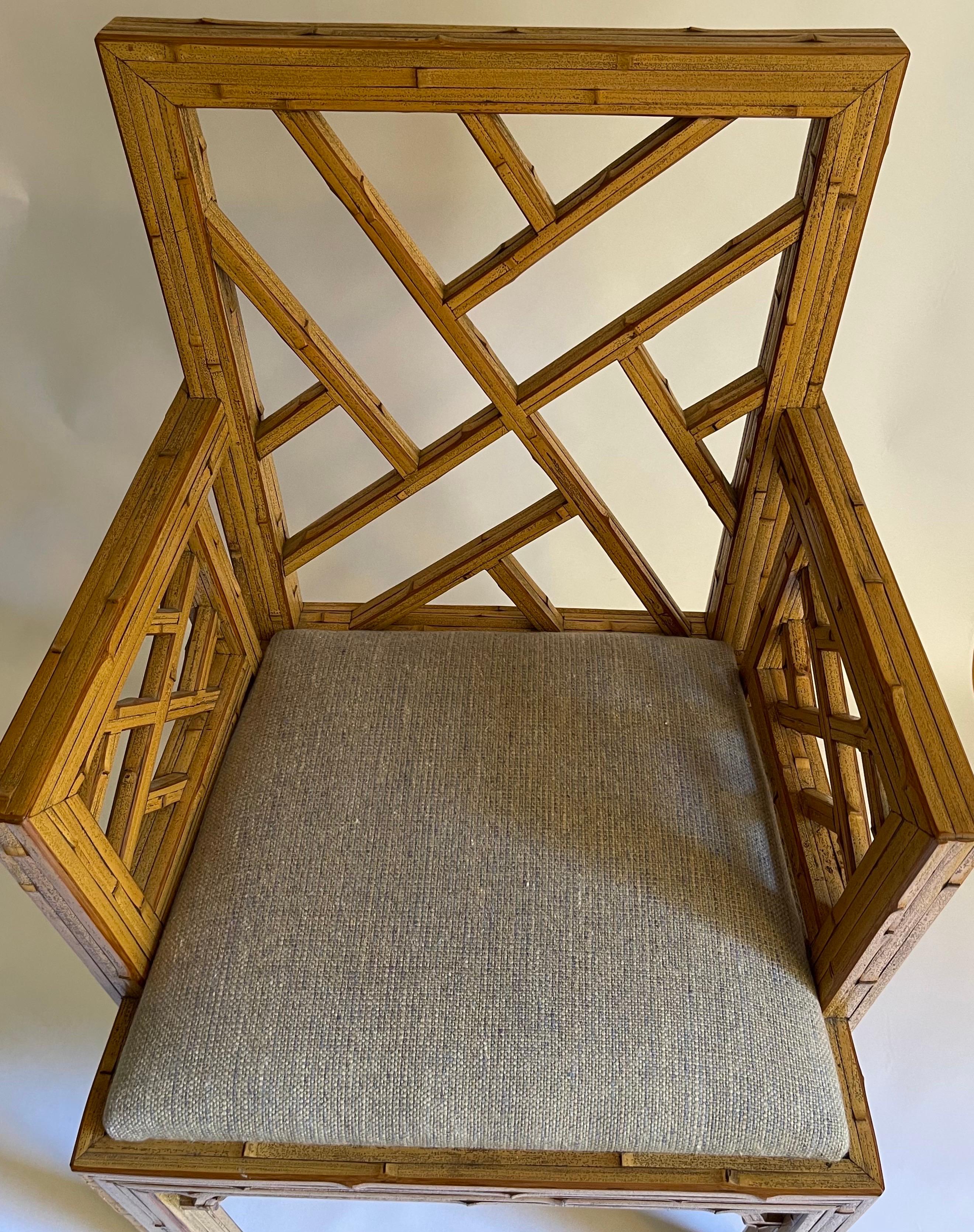 1970s Burnt Bamboo Tessellated Chinese Chippendale Armchair For Sale 10