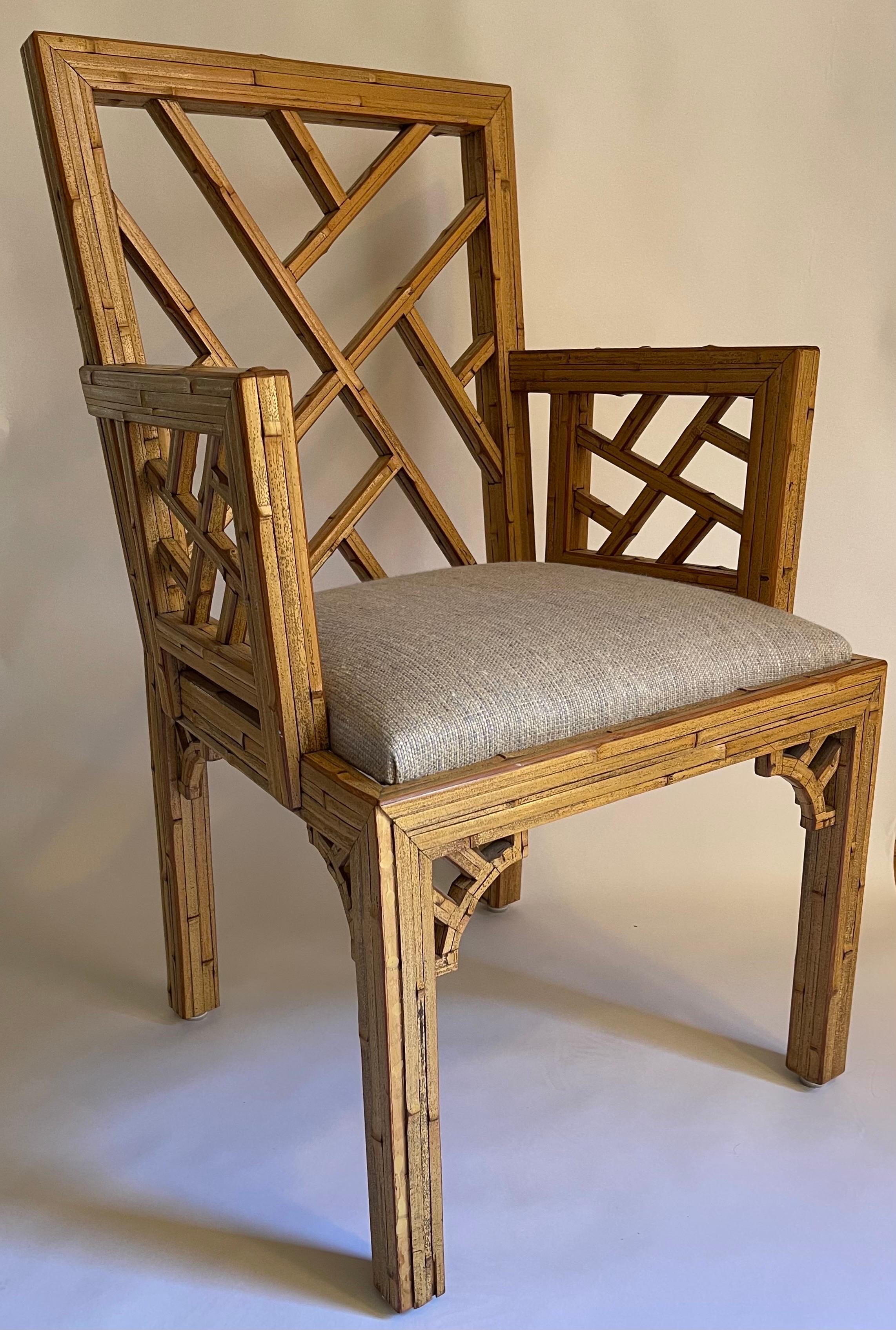 American 1970s Burnt Bamboo Tessellated Chinese Chippendale Armchair For Sale