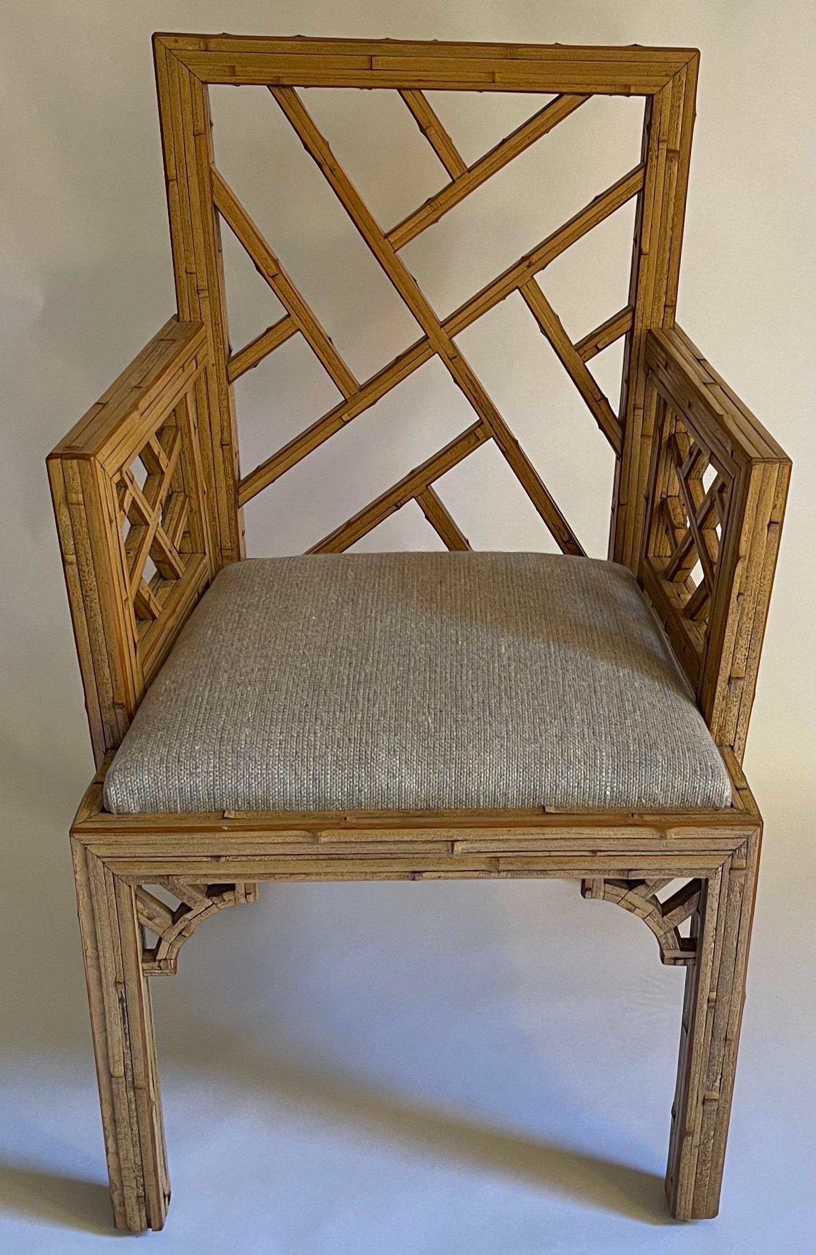 1970s Burnt Bamboo Tessellated Chinese Chippendale Armchair In Good Condition For Sale In Stamford, CT