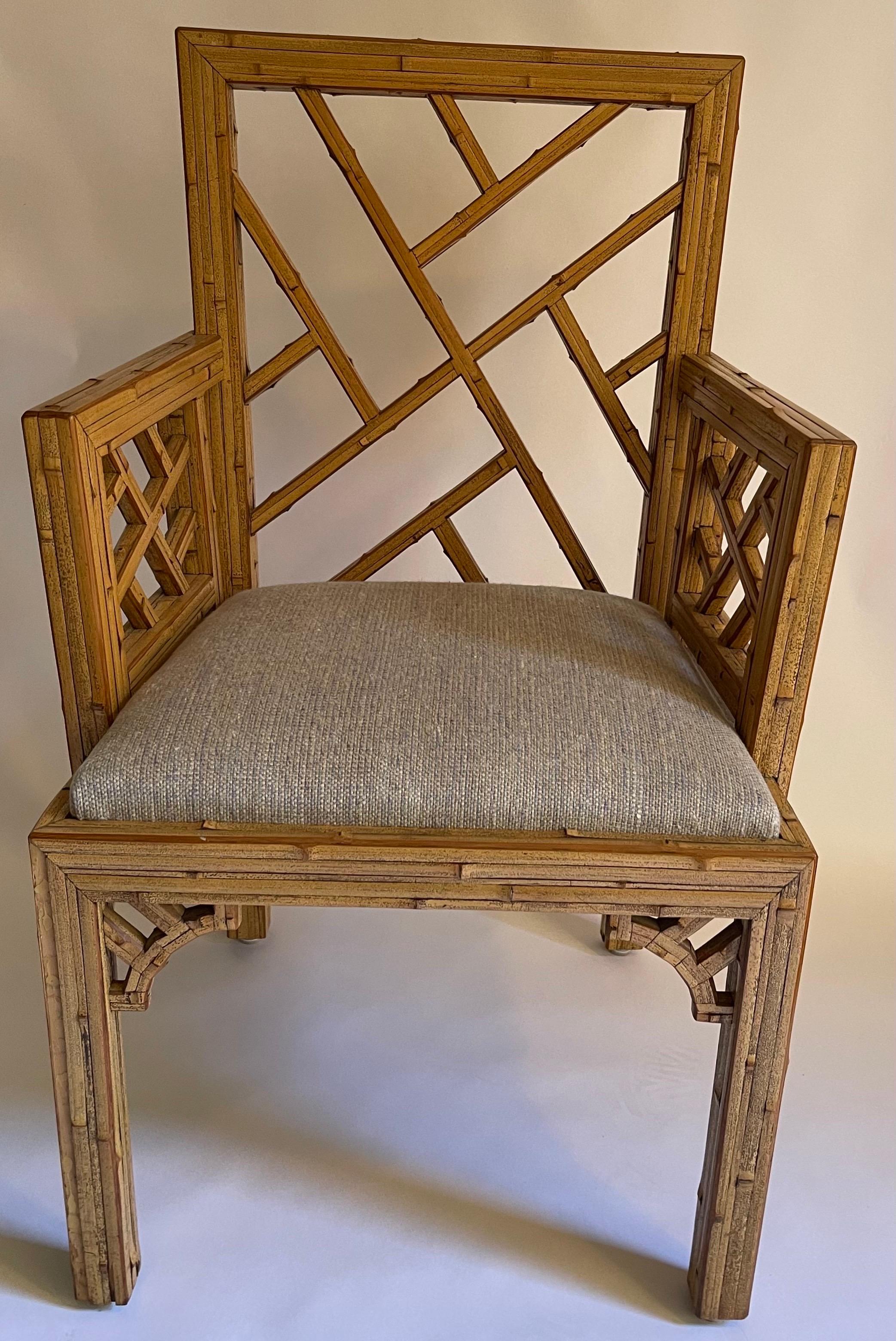 Late 20th Century 1970s Burnt Bamboo Tessellated Chinese Chippendale Armchair For Sale
