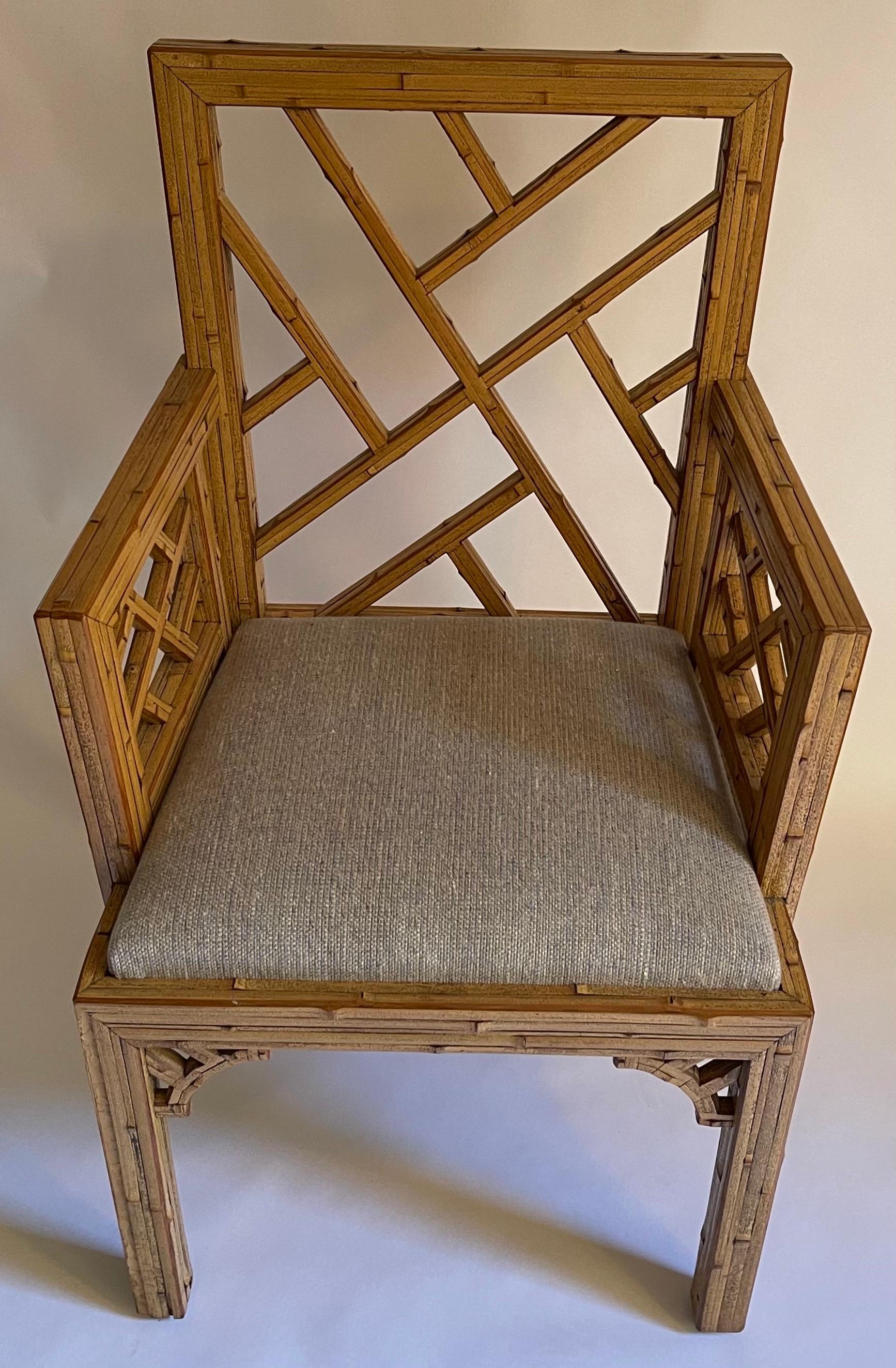Fabric 1970s Burnt Bamboo Tessellated Chinese Chippendale Armchair For Sale