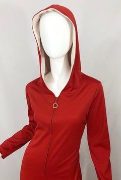 1970s Burnt Orange Hooded Jersey One Piece Wide Flare Leg Vintage 70s Jumpsuit