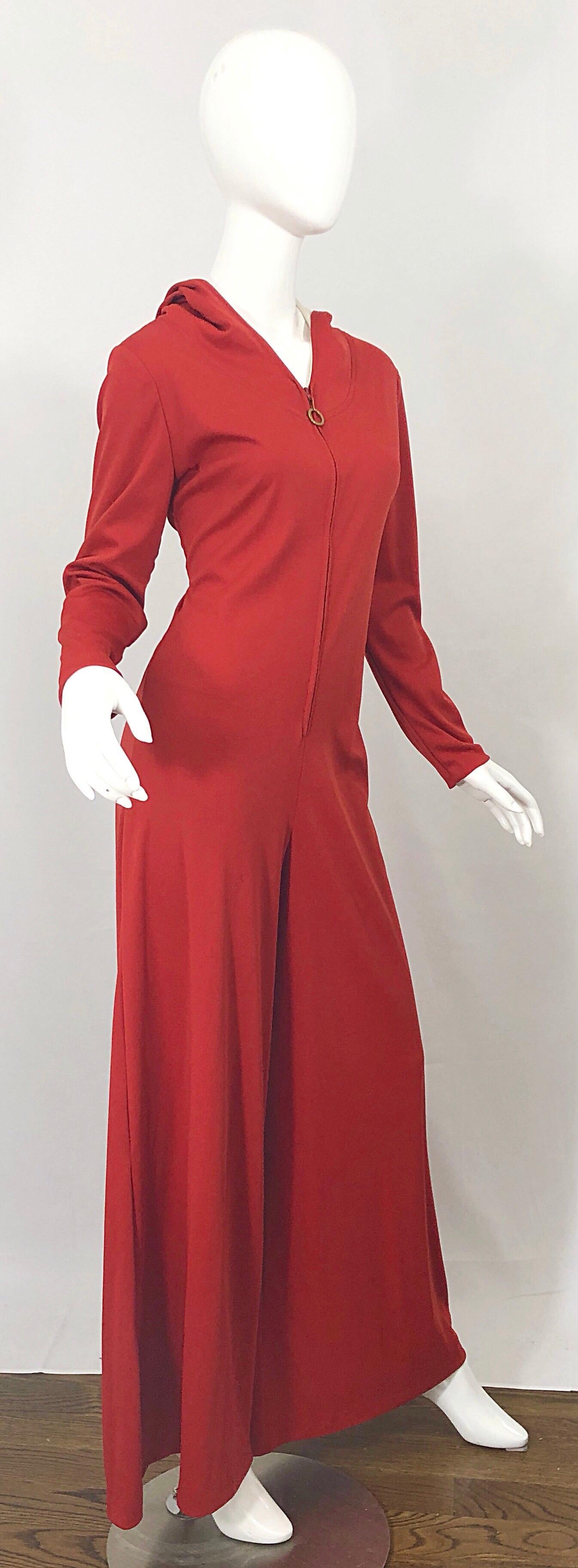 Red 1970s Burnt Orange Hooded Jersey One Piece Wide Flare Leg Vintage 70s Jumpsuit