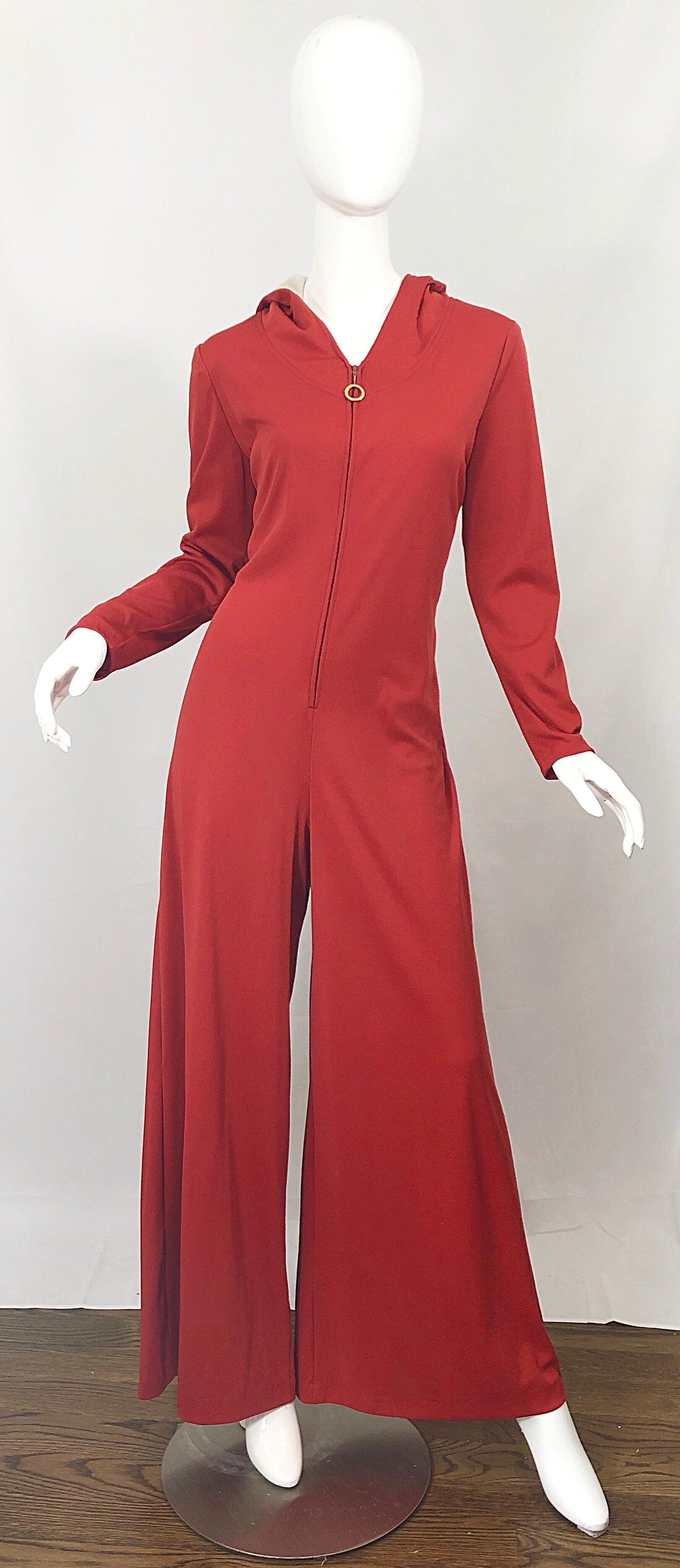 1970s Burnt Orange Hooded Jersey One Piece Wide Flare Leg Vintage 70s Jumpsuit 1