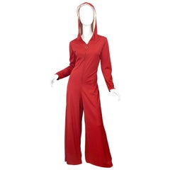 1970s Burnt Orange Hooded Jersey One Piece Wide Flare Leg Vintage 70s Jumpsuit