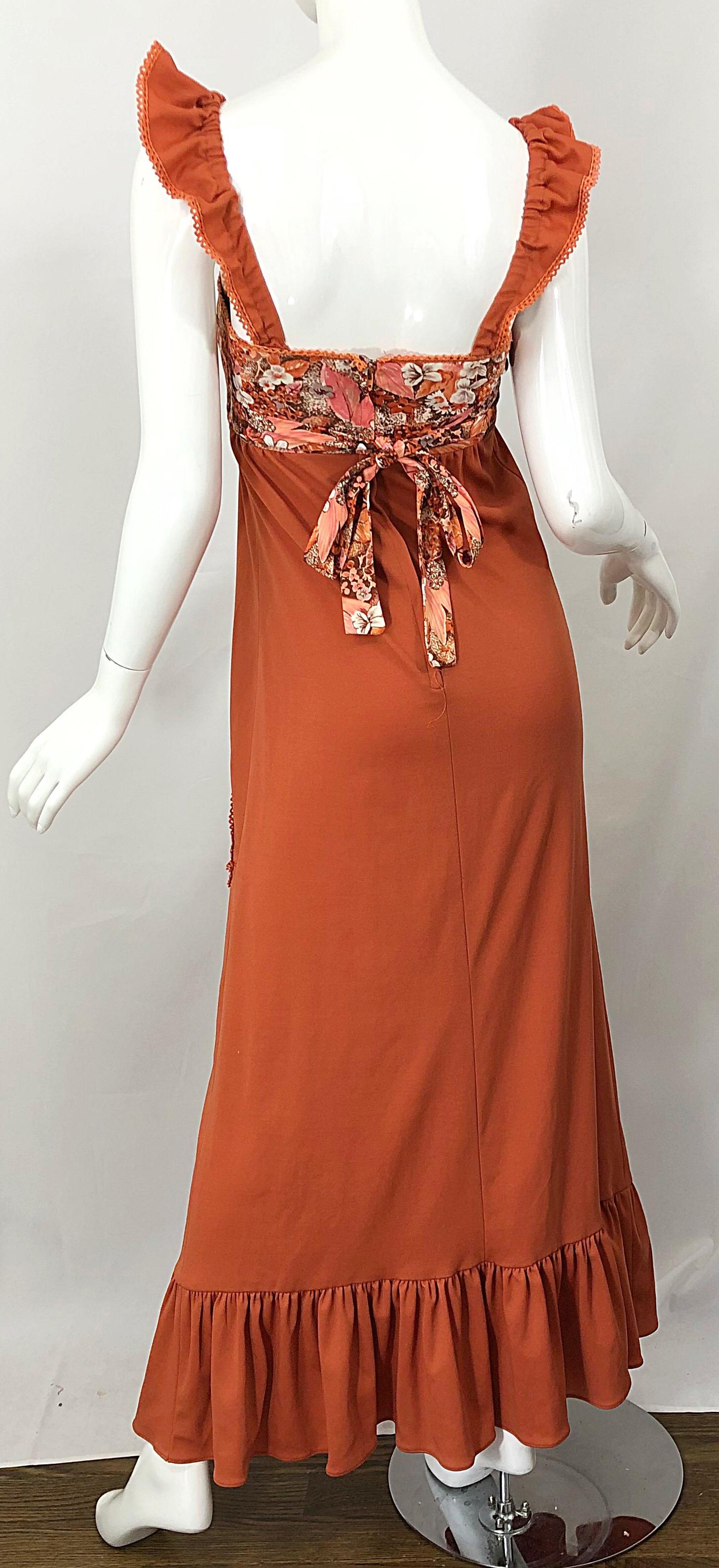 1970s Burnt Orange Patchwork Flowers Boho Vintage 70s Jersey Autumnal Maxi Dress For Sale 3