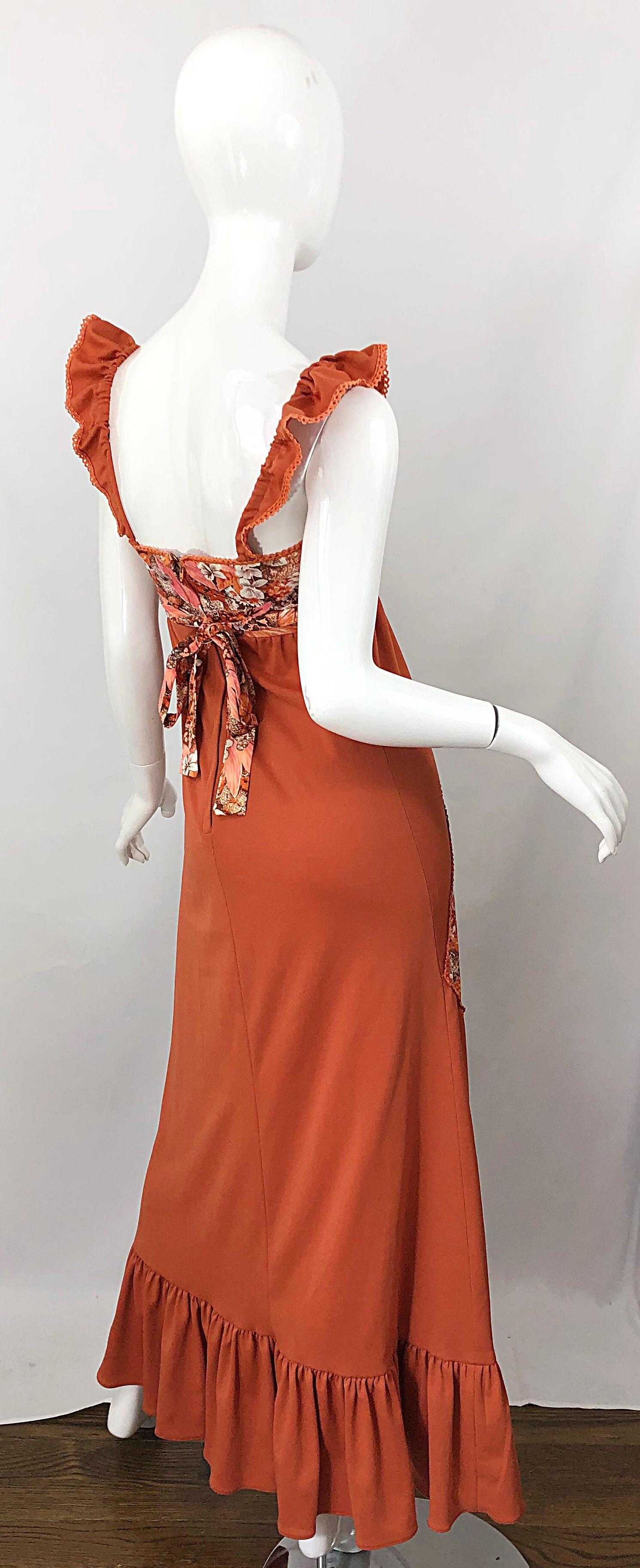 1970s Burnt Orange Patchwork Flowers Boho Vintage 70s Jersey Autumnal Maxi Dress For Sale 5