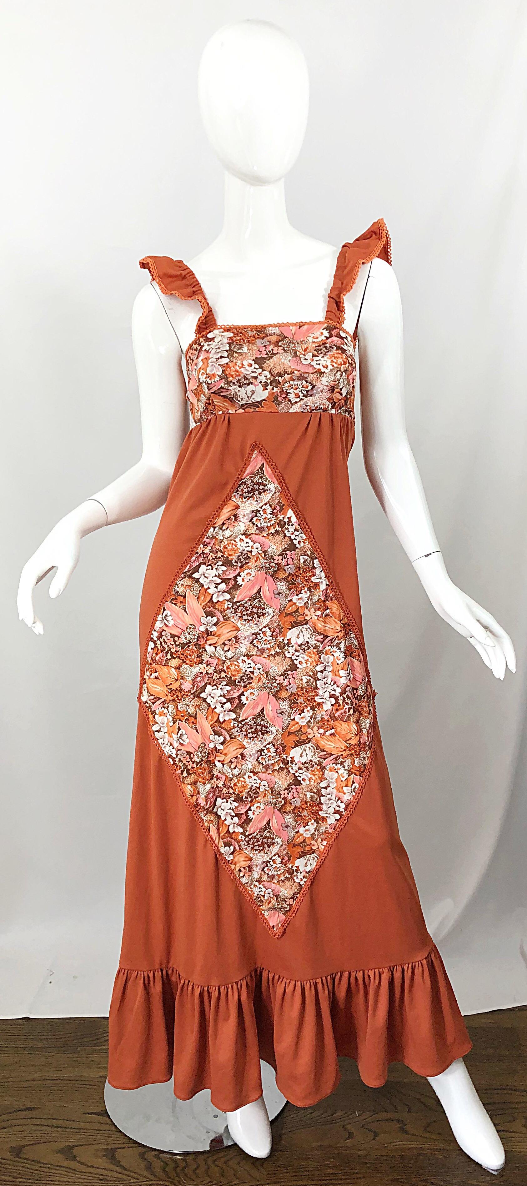 1970s Burnt Orange Patchwork Flowers Boho Vintage 70s Jersey Autumnal Maxi Dress For Sale 6