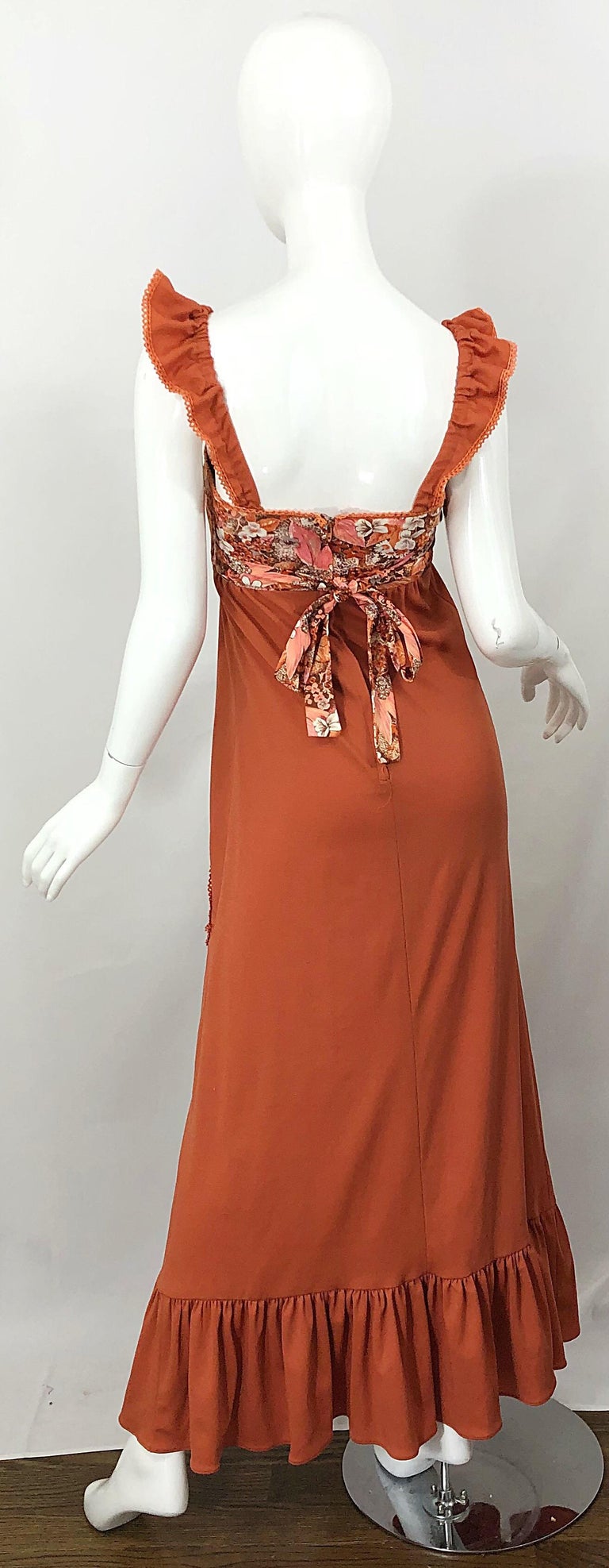 1970s Burnt Orange Patchwork Flowers Boho Vintage 70s Jersey Autumnal Maxi Dress 1970s Burnt Orange Patchwork Flowers Boho Vintage 70s Jersey Autumnal Maxi Dress