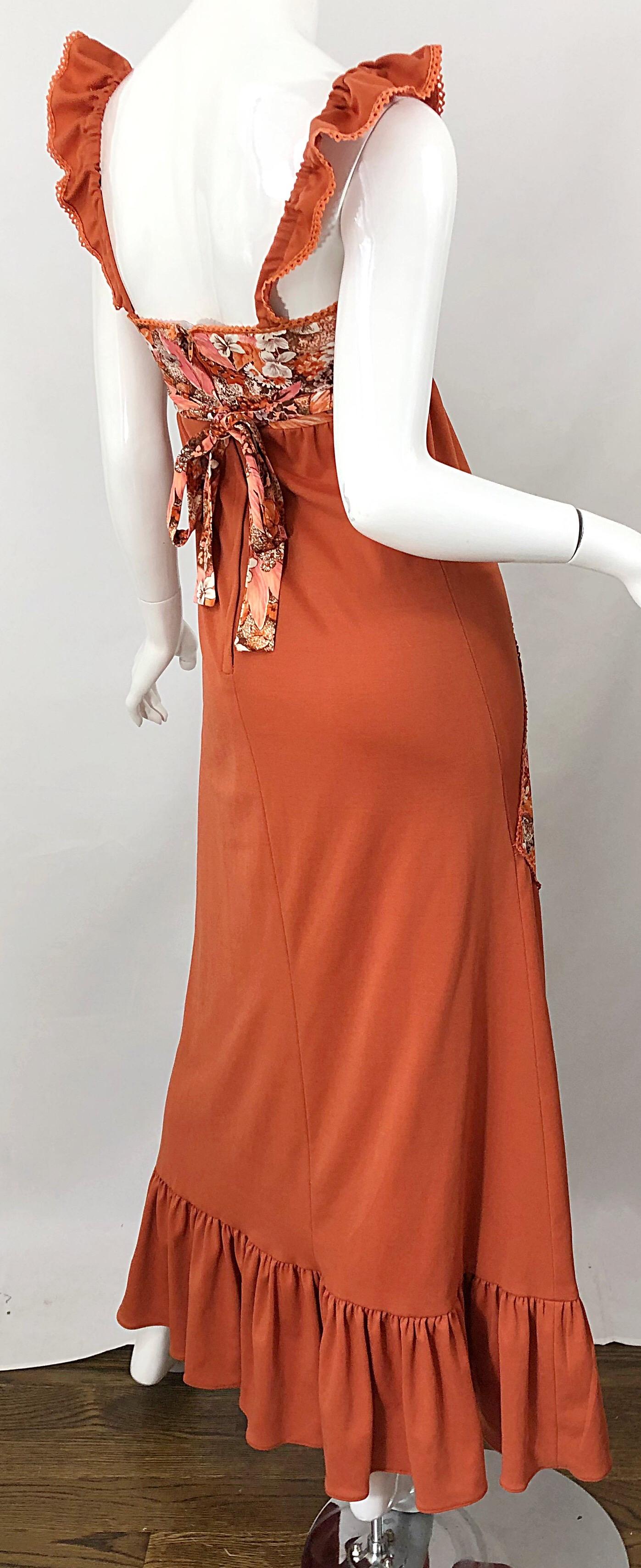 Women's 1970s Burnt Orange Patchwork Flowers Boho Vintage 70s Jersey Autumnal Maxi Dress For Sale