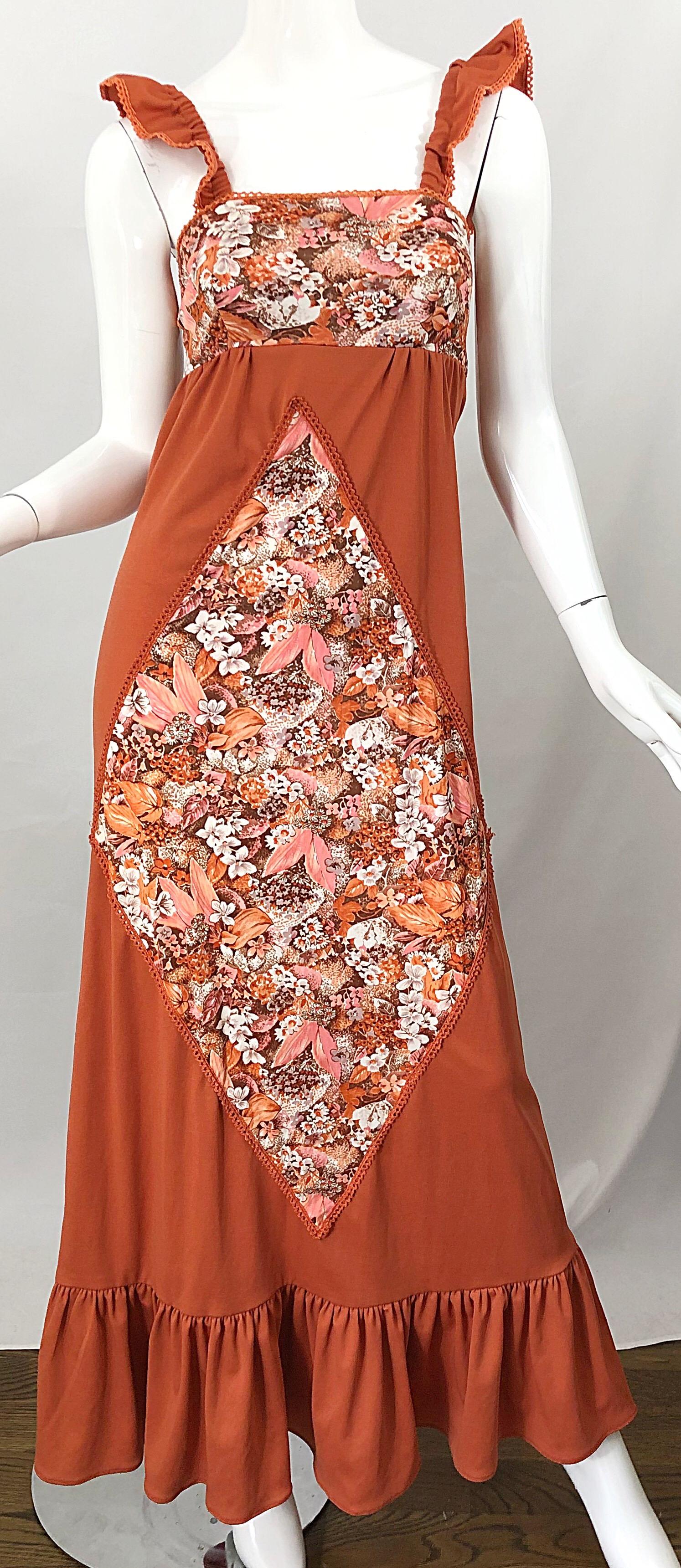 1970s Burnt Orange Patchwork Flowers Boho Vintage 70s Jersey Autumnal Maxi Dress For Sale 1