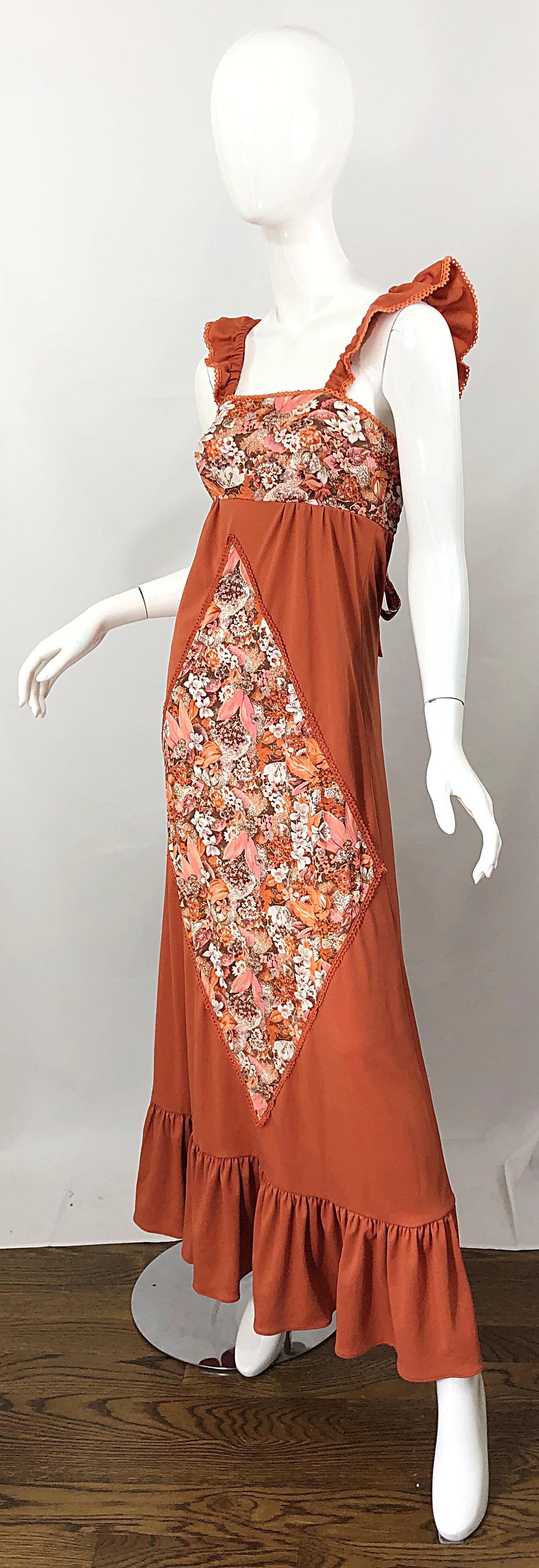 1970s Burnt Orange Patchwork Flowers Boho Vintage 70s Jersey Autumnal Maxi Dress For Sale 2