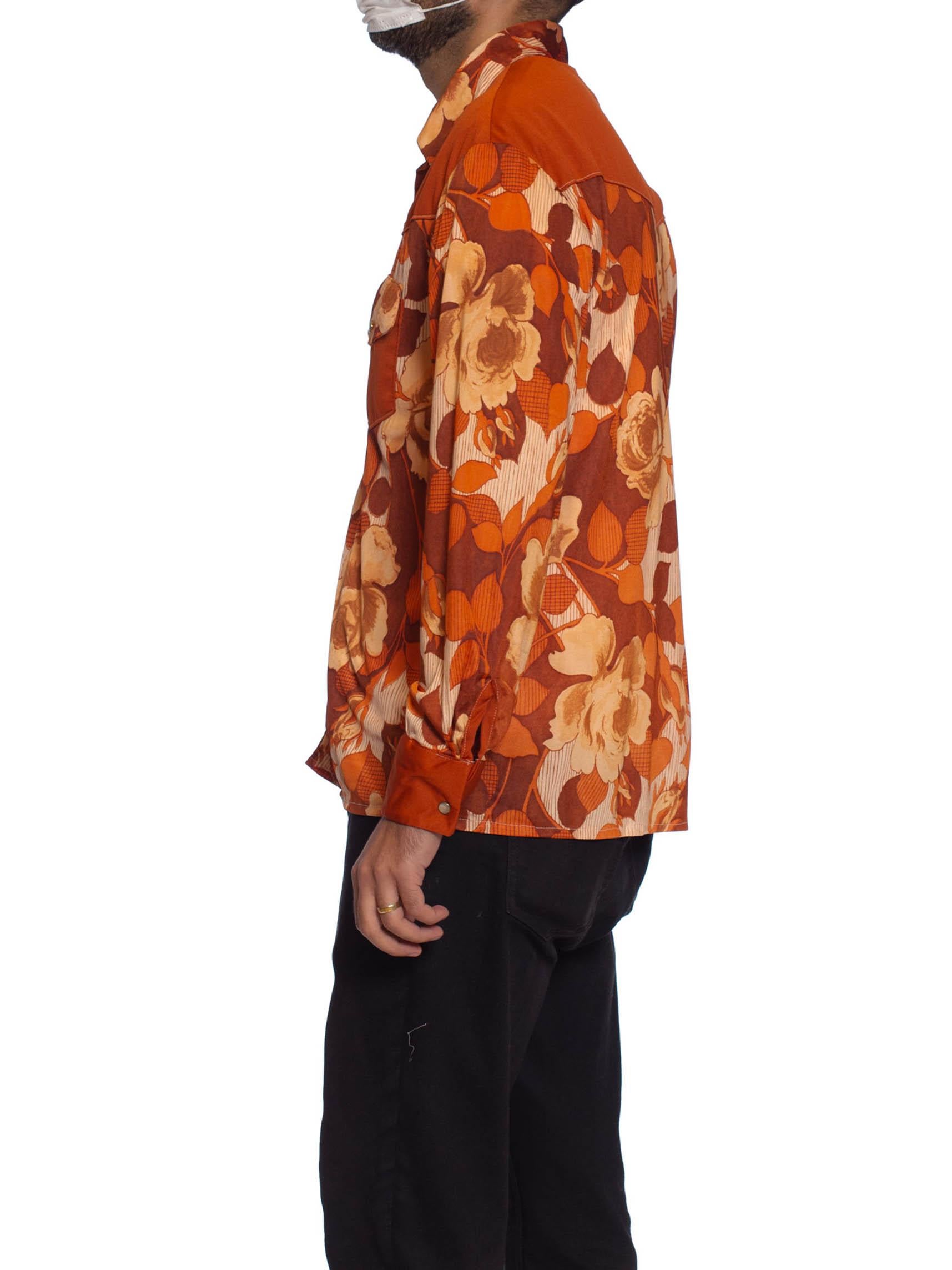 1970S Burnt Orange Poly/Viscose Jersey Mens Slinky Floral Western Shirt 4