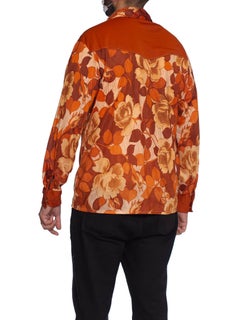 1970S Burnt Orange Poly/Viscose Jersey Mens Slinky Floral Western Shirt