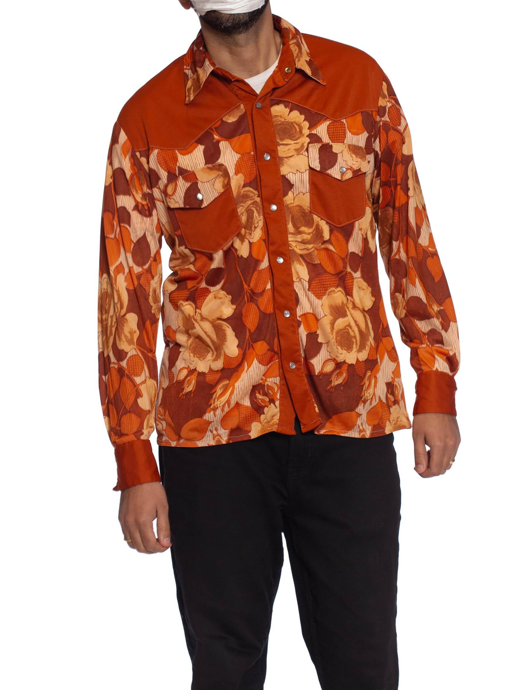 Men's 1970S Burnt Orange Poly/Viscose Jersey Mens Slinky Floral Western Shirt