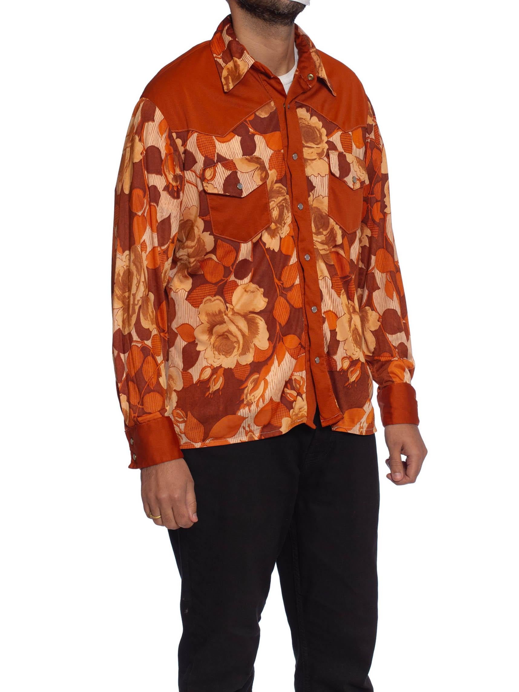 1970S Burnt Orange Poly/Viscose Jersey Mens Slinky Floral Western Shirt 1