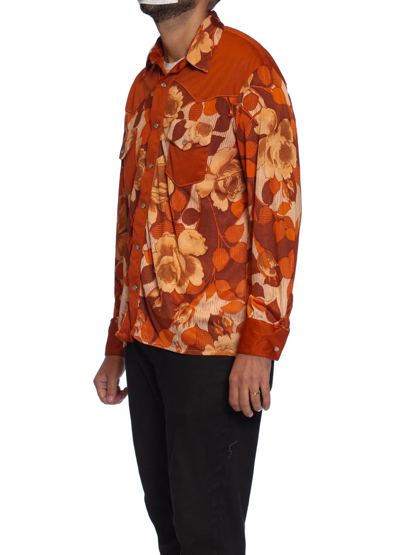 1970S Burnt Orange Poly/Viscose Jersey Mens Slinky Floral Western Shirt 2