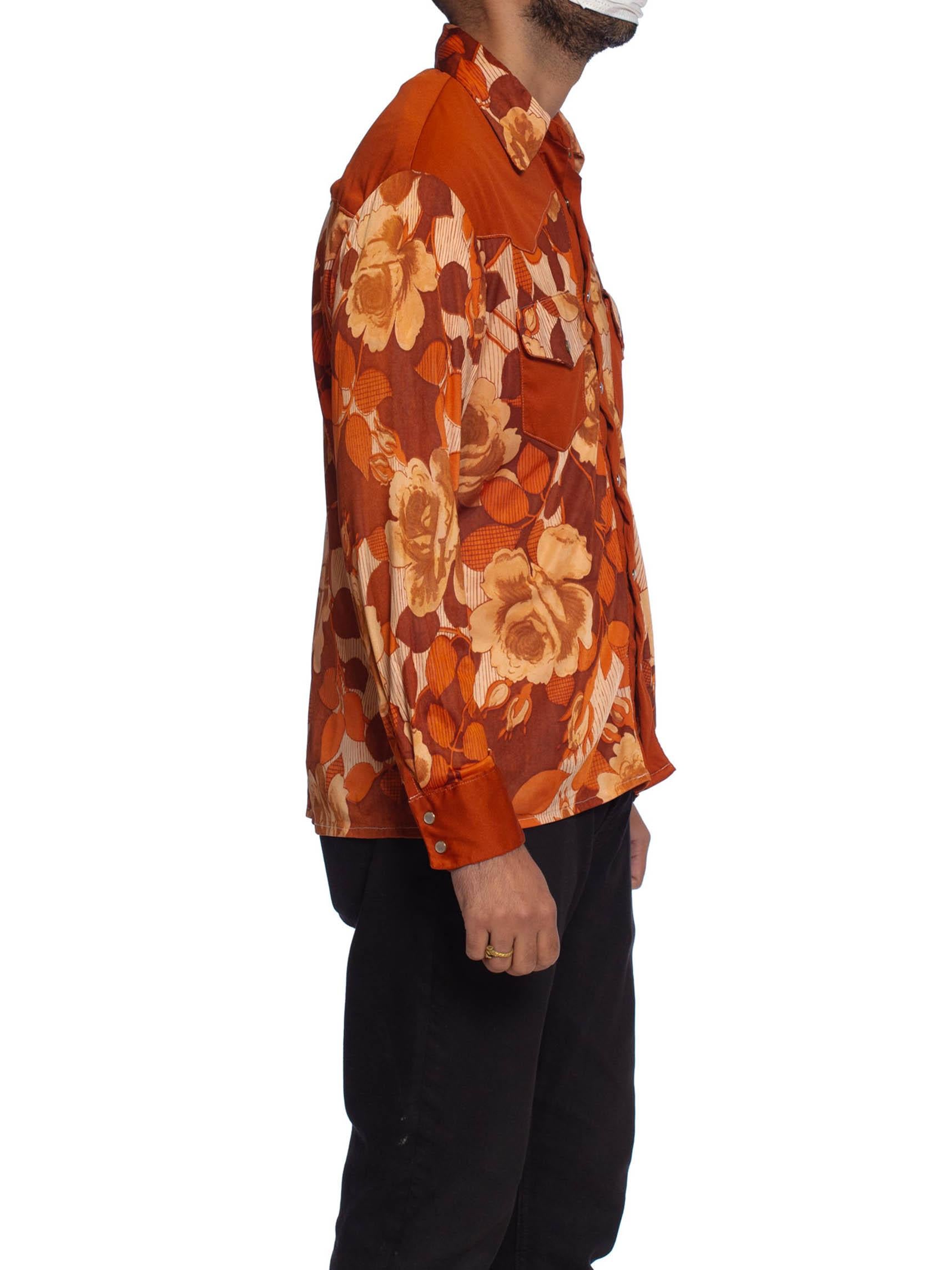 1970S Burnt Orange Poly/Viscose Jersey Mens Slinky Floral Western Shirt 3