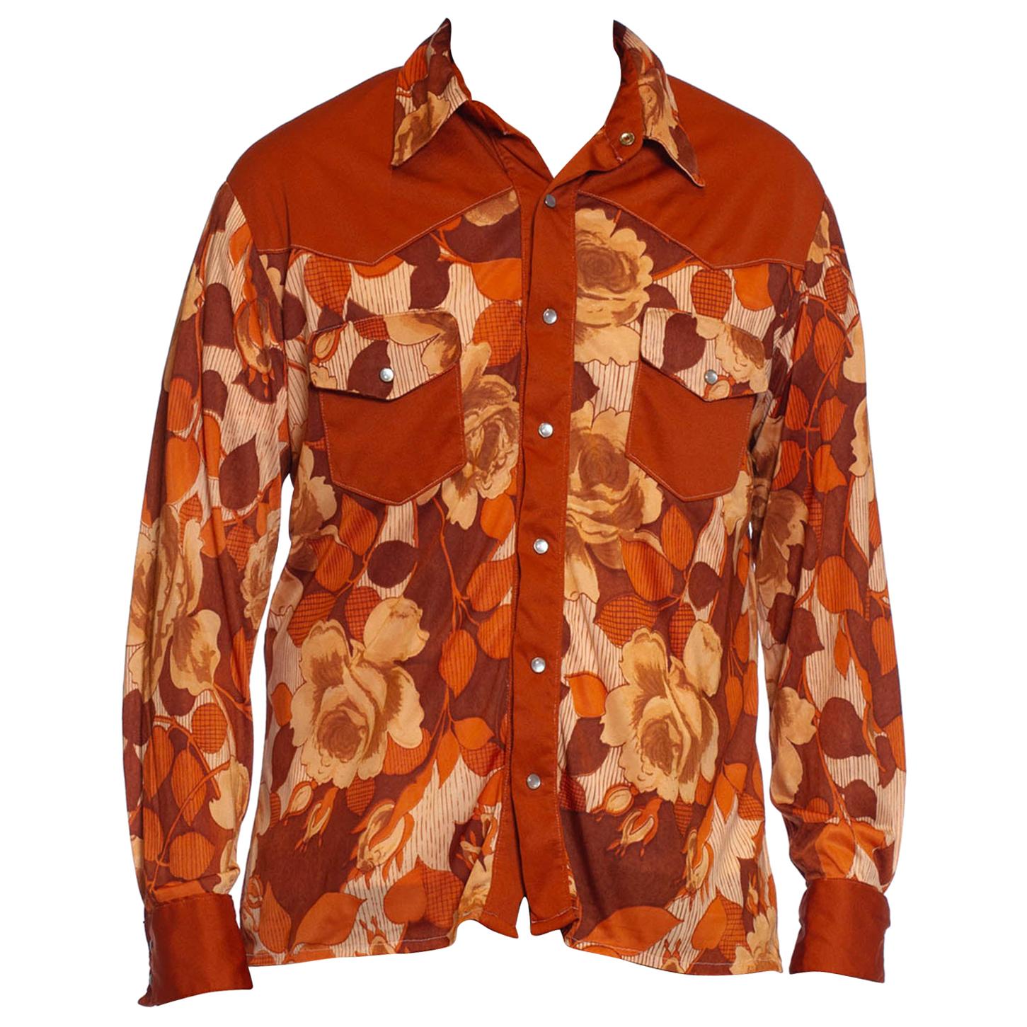 1970S Burnt Orange Poly/Viscose Jersey Mens Slinky Floral Western Shirt