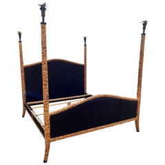 1970s Burnt Tortoise Rattan Bronze Palm King Size Poster Bed Frame