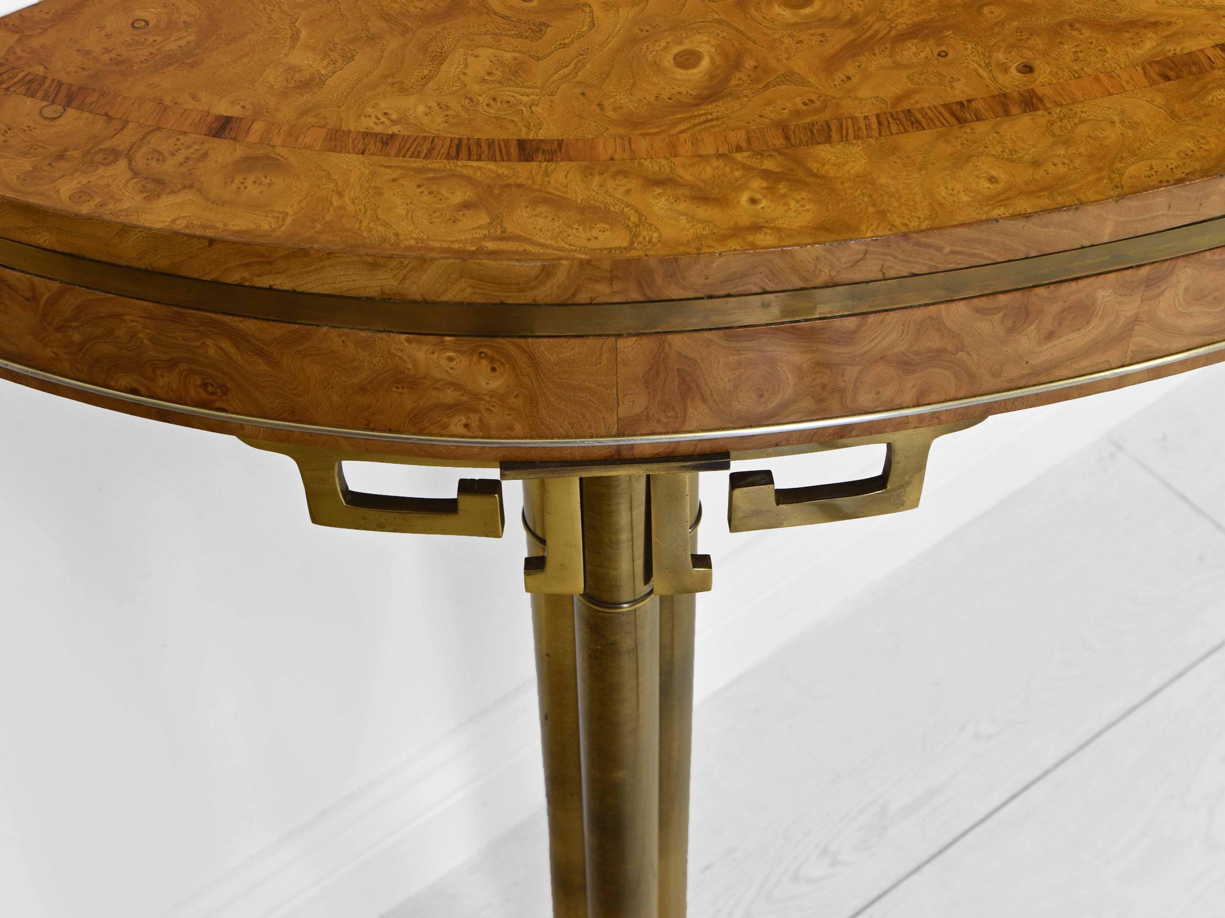 1970s Burr Wood & Brass Greek Key Console Table Attr. Mastercraft In Good Condition In Norwich, GB