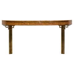 1970s Burr Wood & Brass Greek Key Console Table Attr. Mastercraft