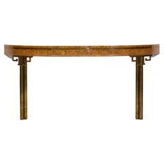 1970s Burr Wood & Brass Greek Key Console Table Attr. Mastercraft