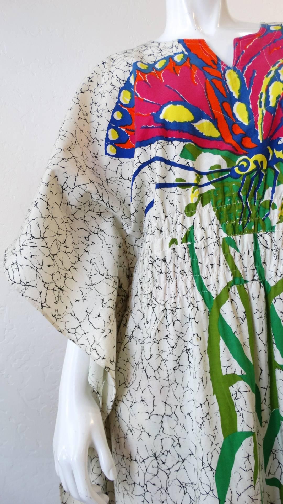 Gray 1970s Butterfly Printed Kaftan Dress