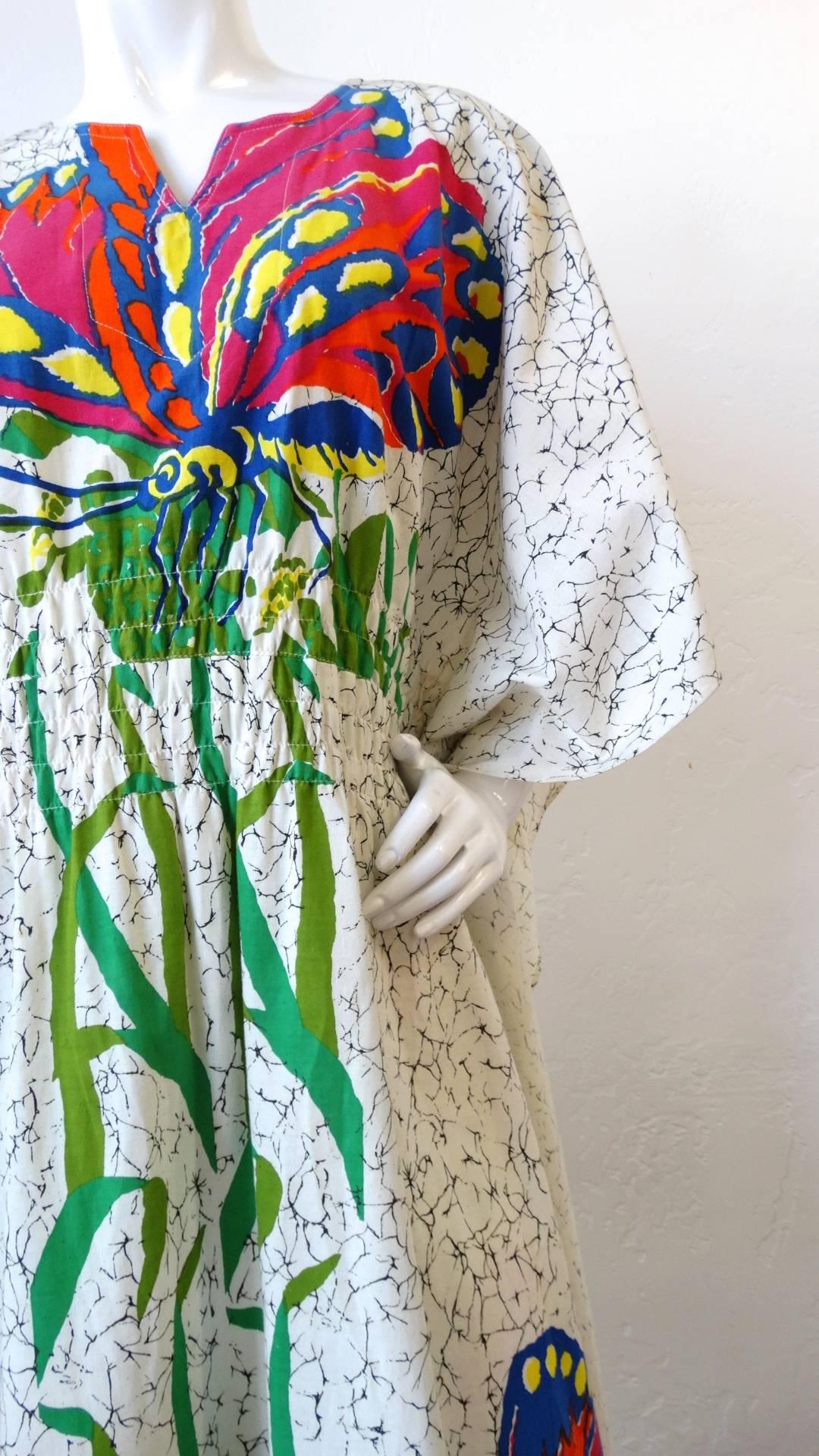 1970s Butterfly Printed Kaftan Dress In Excellent Condition In Scottsdale, AZ