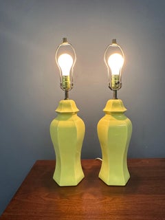 1970s Buttery Yellow Ceramic Chinoiserie Pair of Table Lamps Mid Century