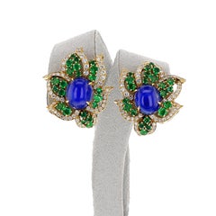 1970s BVLGARI GIA Certified Unheated Sapphire Cabochon, Emerald &Diamond Earring