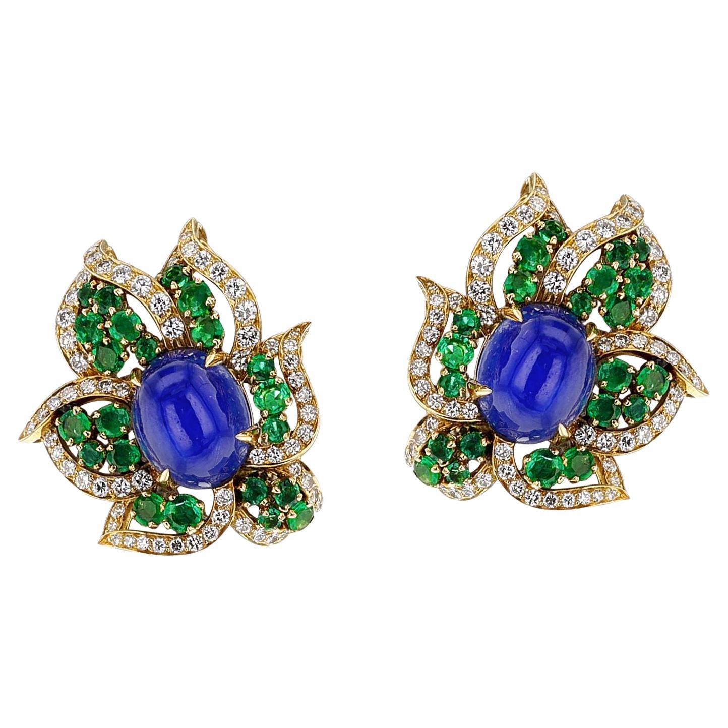 1970er Jahre BVLGARI GIA zertifizierter unerhitzter Saphir Cabochon, Smaragd & Diamant-Ohrring