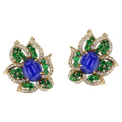 1970er Jahre BVLGARI GIA zertifizierter unerhitzter Saphir Cabochon, Smaragd & Diamant-Ohrring
