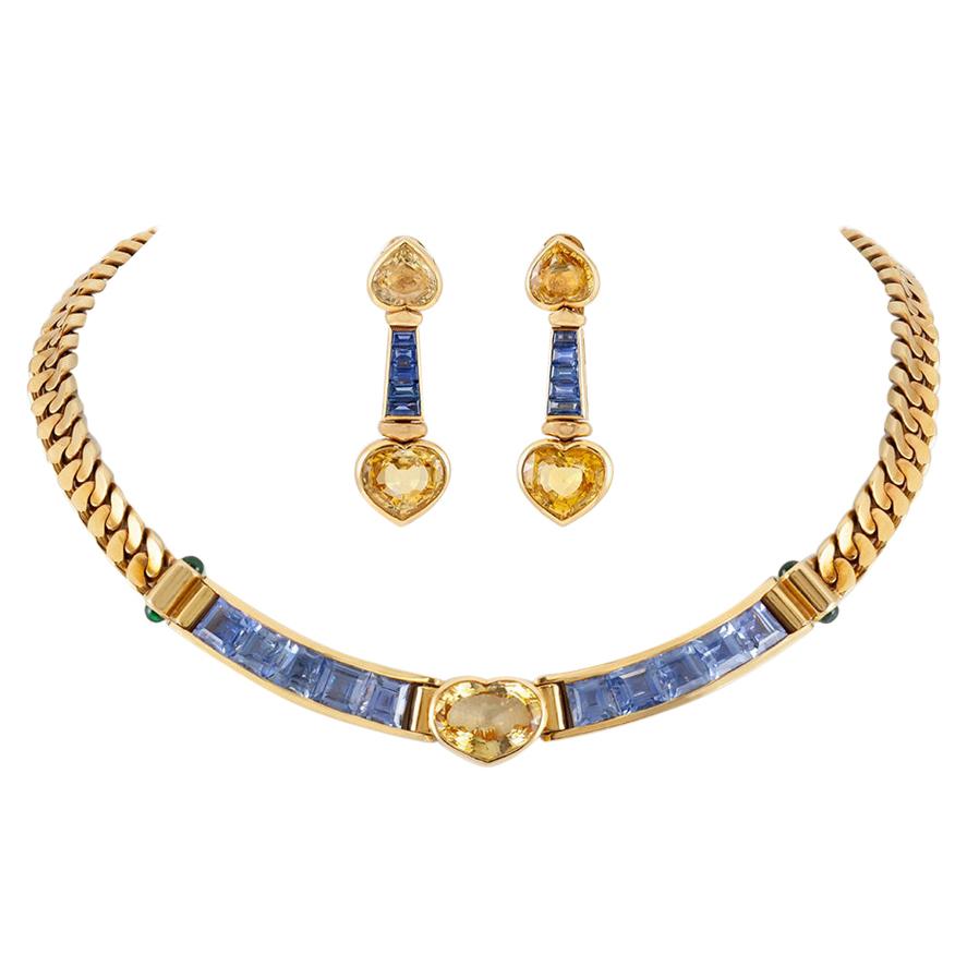 Bvlgari Yellow and Blue Sapphire Heart Necklace and Earrings Set