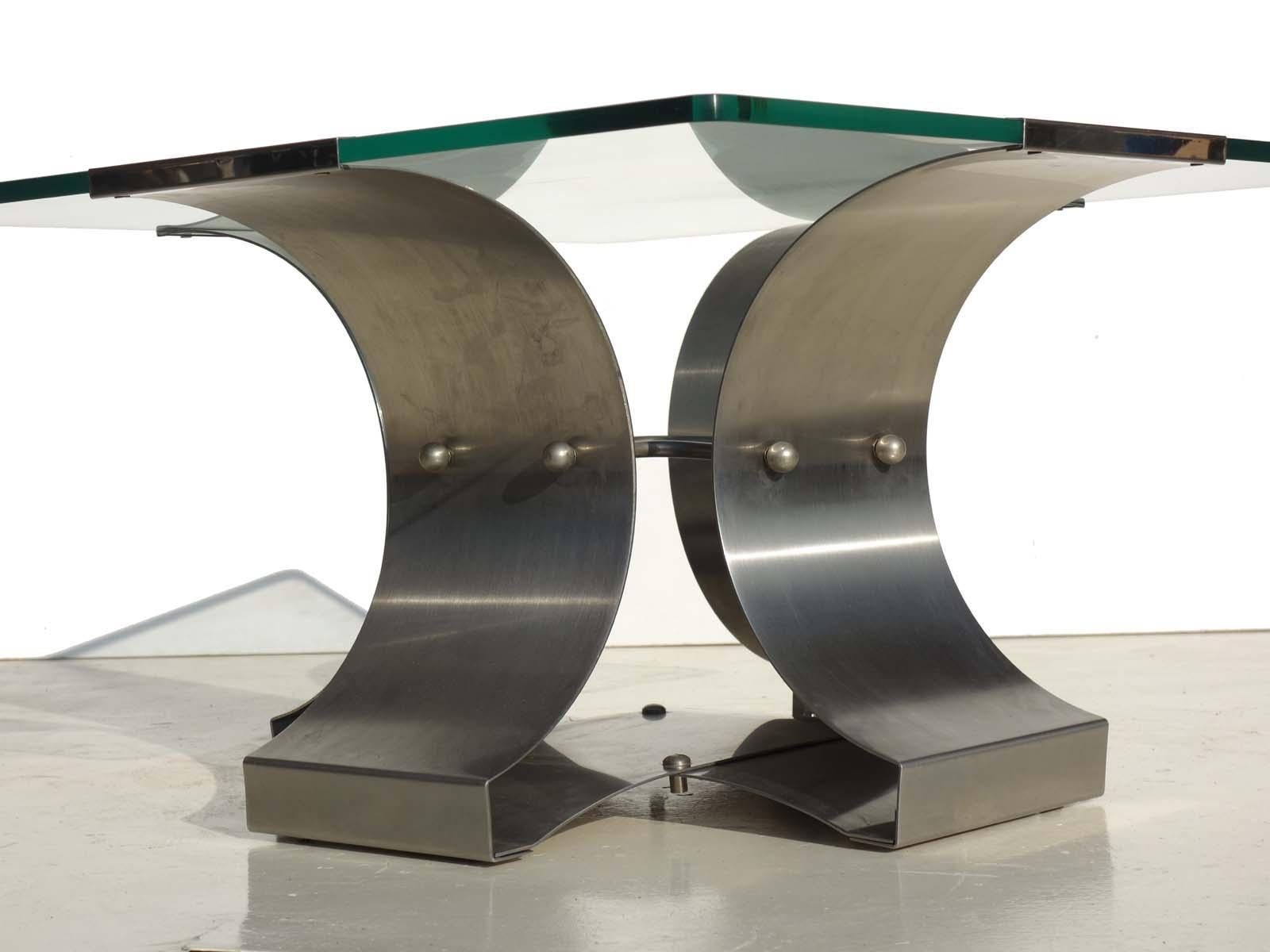 French 1970s by Francois Monnet Modernist Design Stainless Steel Coffee Table  For Sale