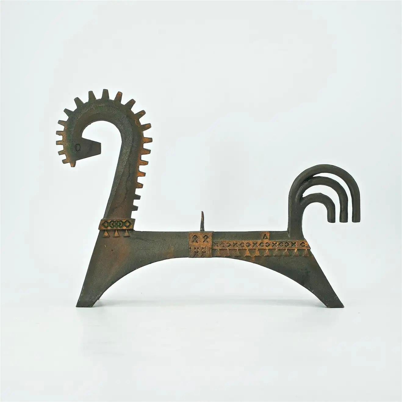 Stylized plated or washed cast metal horse candleholder, weighs 1 lb.