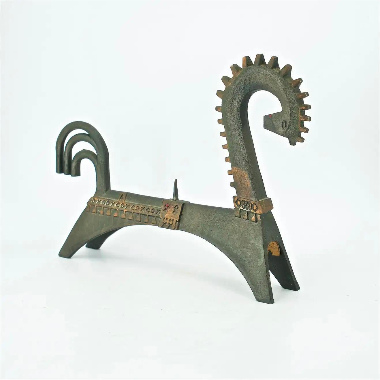 Mid-Century Modern 1970s Byzantine Cast Iron Bronze Washed Horse Sculpture Candelabra Midcentury For Sale