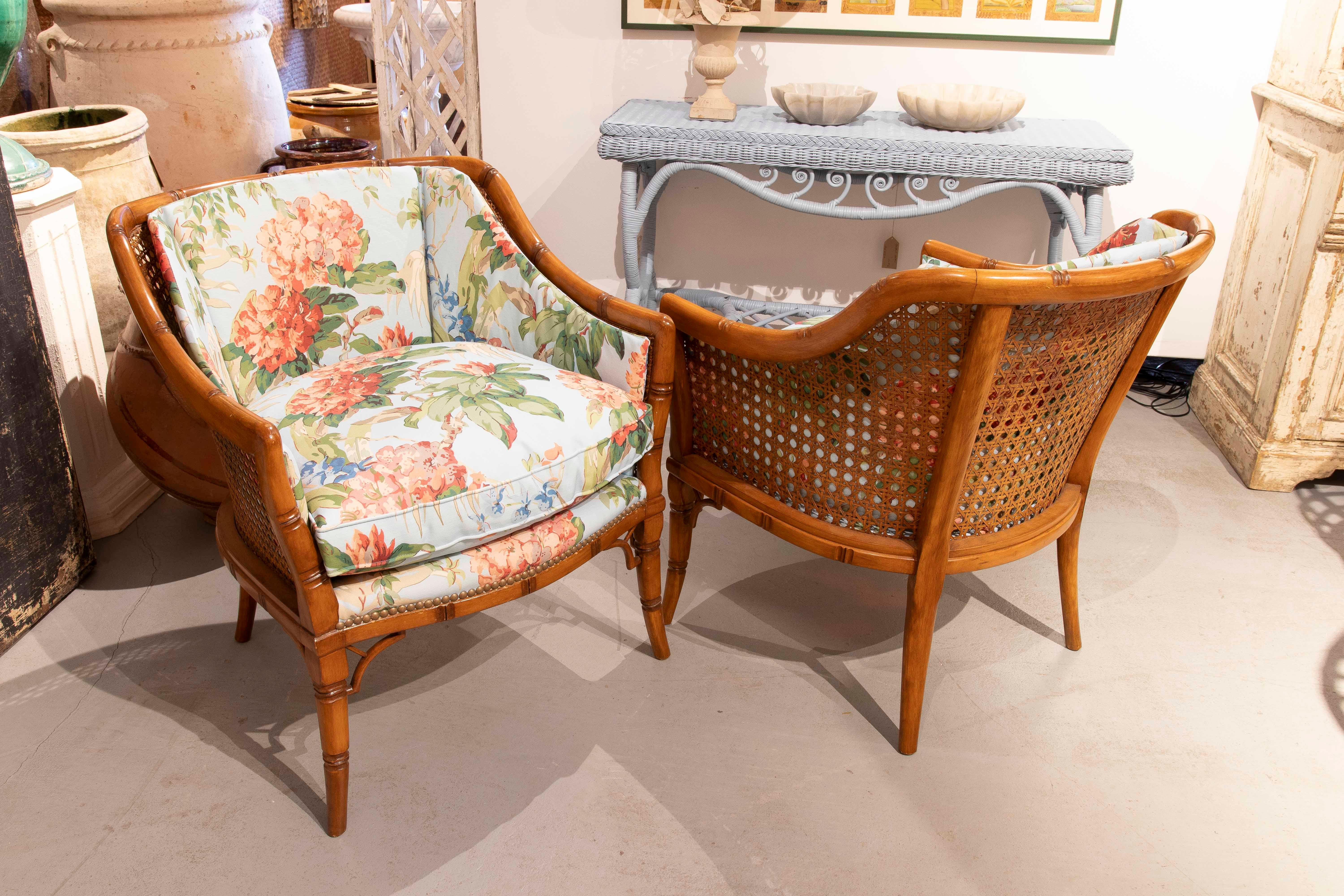 Spanish 1970s Pair of Upholstered Armchairs with Floral Decoration For Sale